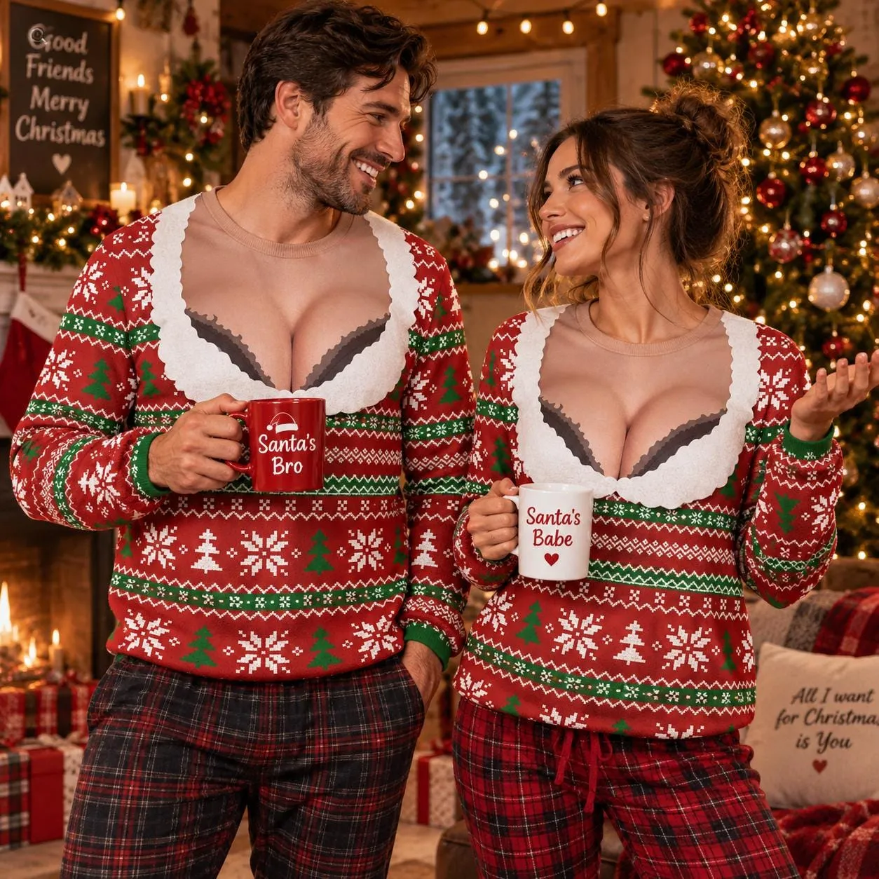 Funny Faux Cleavage Lace Trim Ugly Christmas Sweater, Festive Xmas Sweatshirt, Holiday Party Outfit, Red and Green Christmas Gift