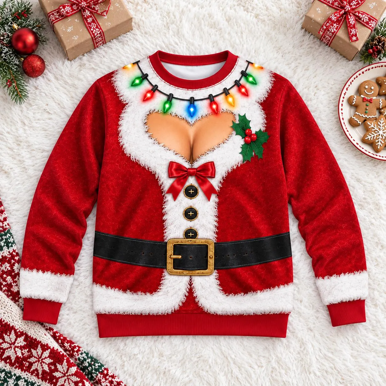 Funny Women's Santa Suit Faux Cleavage Print Ugly Christmas T-Shirt or Sweatshirt, Holiday Party Outfit, White Elephant Gift