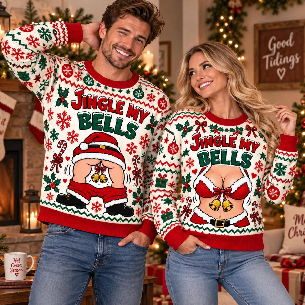 Matching Jingle My Bells Christmas Sweaters, Funny Couples Ugly Xmas Sweater, His and Hers Holiday Party Outfit, Christmas Gift