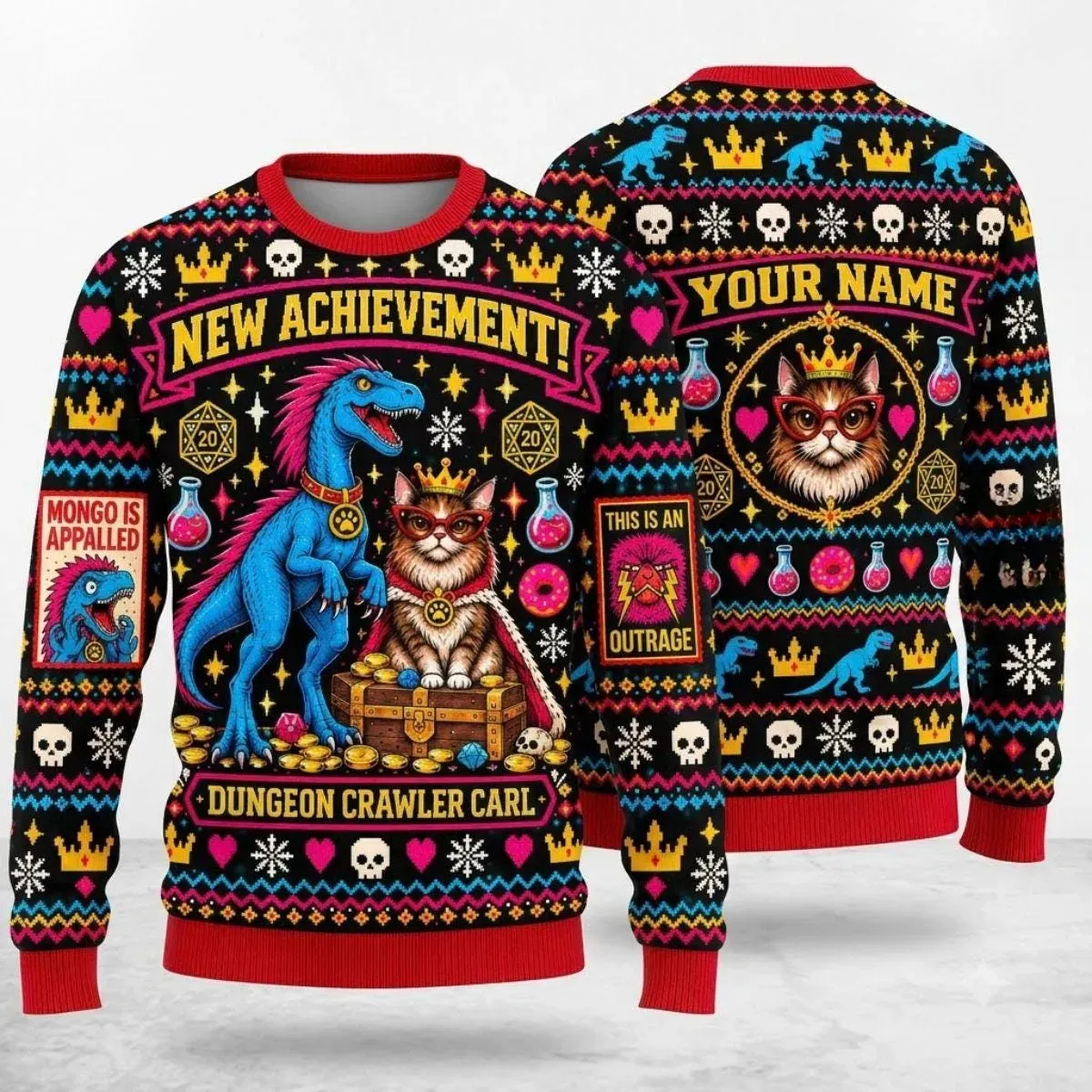 Custom Dungeon Crawler Carl Christmas Sweater, Princess Donut and Mongo Ugly Xmas Sweater Women, Sweatshirt Men, LitRPG Gamer Gift