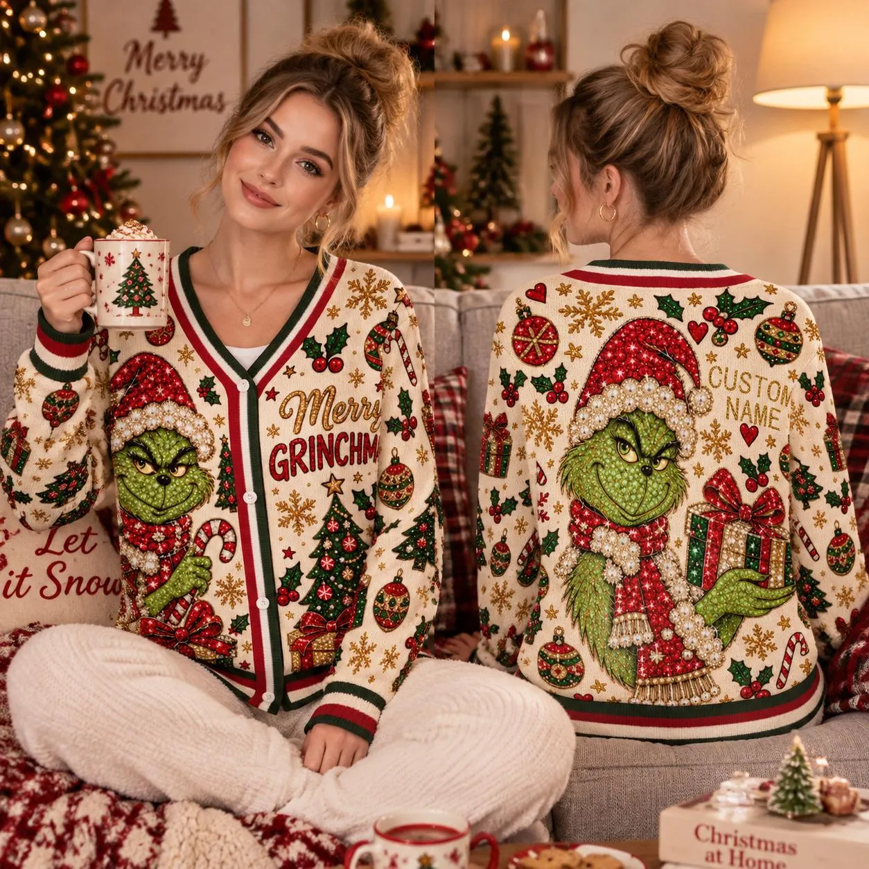 Grinch Christmas Cardigan Sweater, Merry Grinchmas Knit Top, Ugly Christmas Sweater Party Outfit, Holiday Cardigan for Women