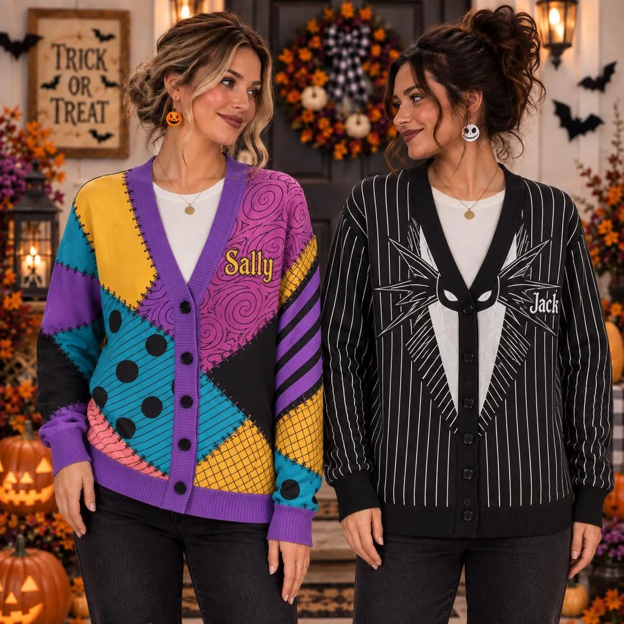 Custom Sally and Jack Skellington Cardigan, Halloween Nightmare Before Christmas Character Outfit, Matching Halloween Costume Cardigan