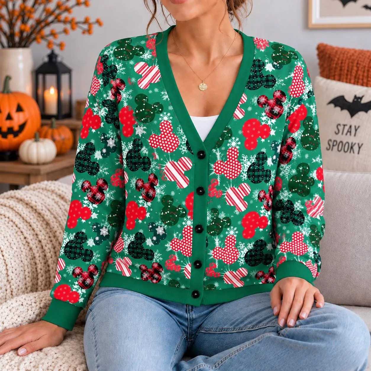 Mickey Head Icon Christmas Cardigan, Disneyland Trip Xmas Cardigan, Mickey Holiday Outfit, Green Printed Christmas Cardigan