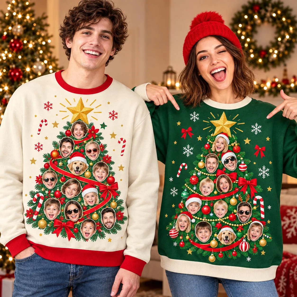 Custom Face Christmas Tree Sweater, Personalized Photo Family Ugly Xmas Sweatshirt, Funny Family Christmas Gift, All Over Print Holiday Jumper