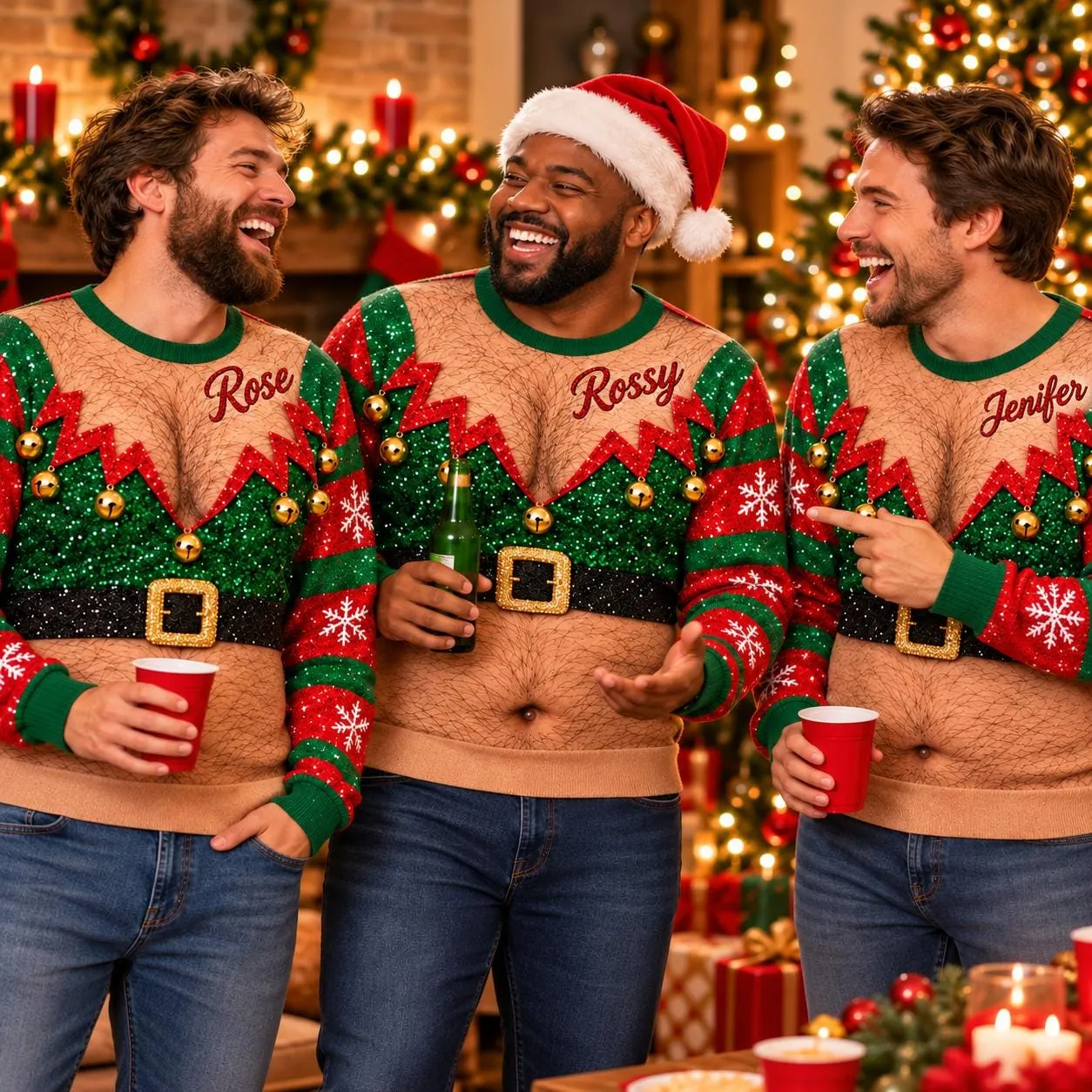 Funny Hairy Chest Elf Ugly Christmas Sweater, Custom Name Fake Belly Xmas Jumper, Personalized Elf Sweatshirt, Holiday Party Shirt for Husband
