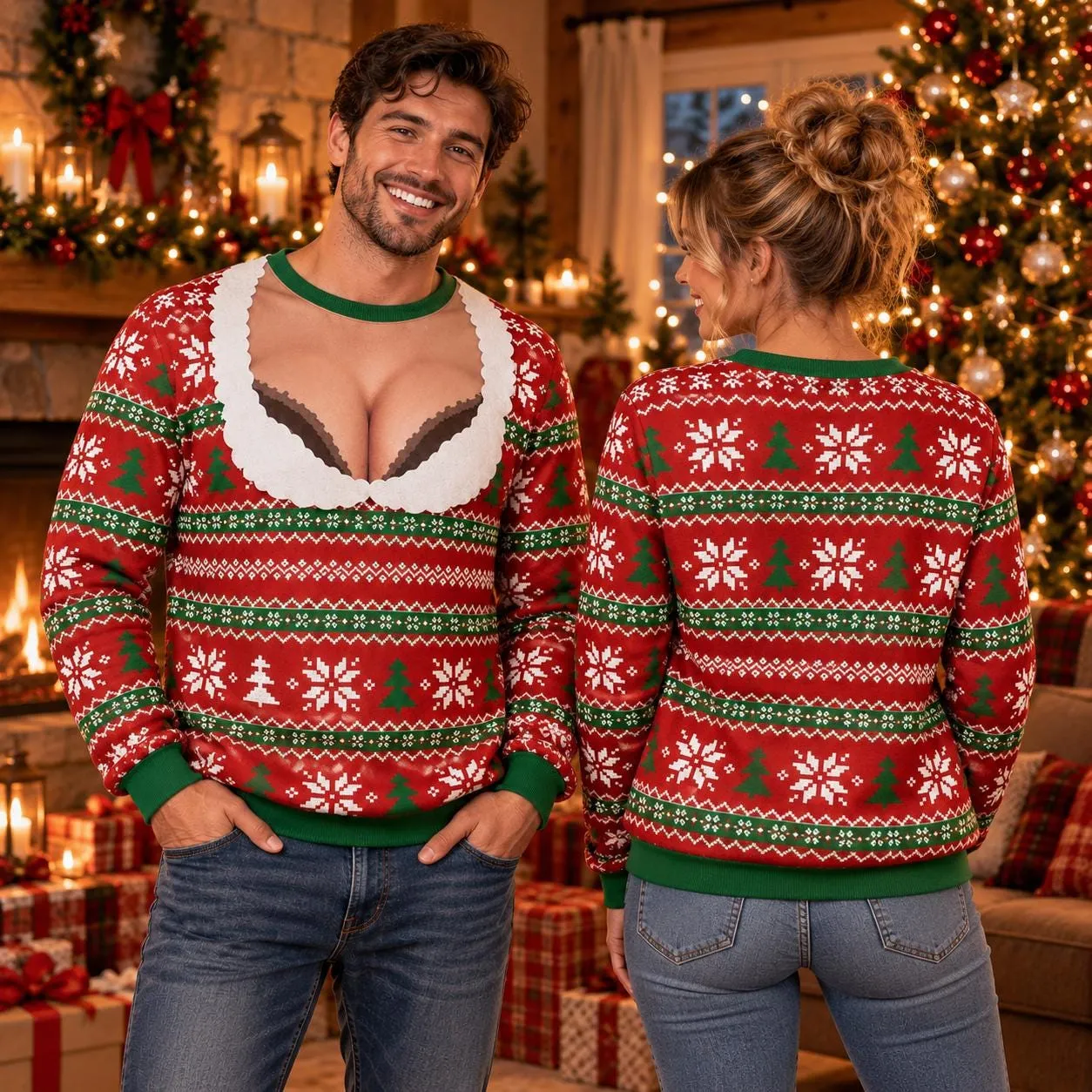 Funny Faux Cleavage Ugly Christmas Sweater, Festive Xmas 3D Sweatshirt, Nordic Snowflake Holiday Party Outfit, Christmas Gift