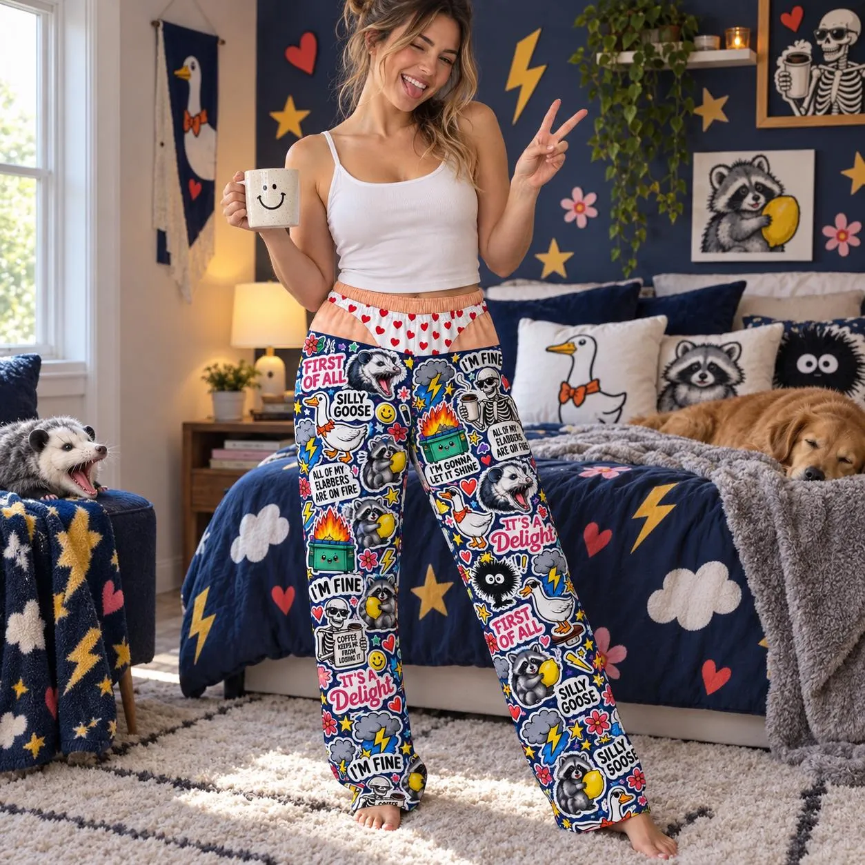 Funny Meme Collage Pajama Pants, Silly Goose Graphic Lounge Pants, Quirky Novelty Sleepwear, Relaxed Fit All Over Print PJs
