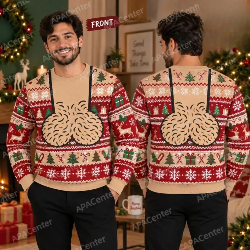 Funny Hairy Chest Jingle Balls Mens Ugly Christmas Sweater, Fair Isle Humorous Holiday Sweatshirt, Funny Husband Christmas Gift