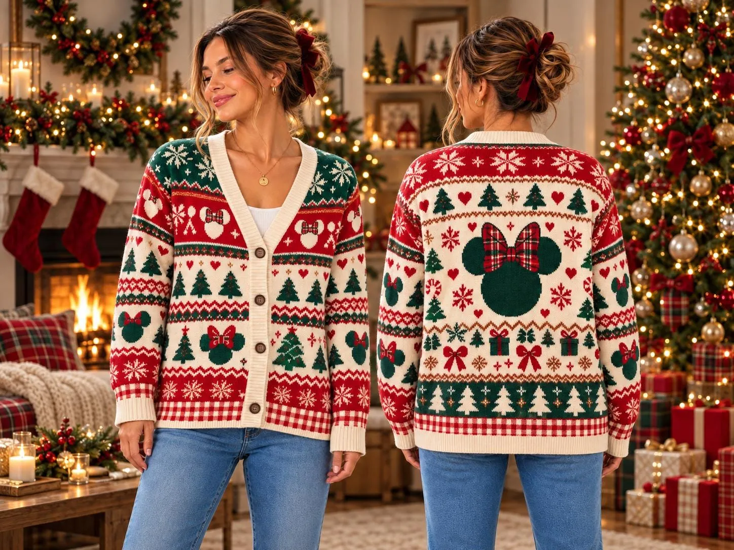 Christmas Minnie Mouse Cardigan for Women, Mickey Holiday Knit Sweater, Festive Fair Isle Winter Cardigan, Christmas Sweater for Her