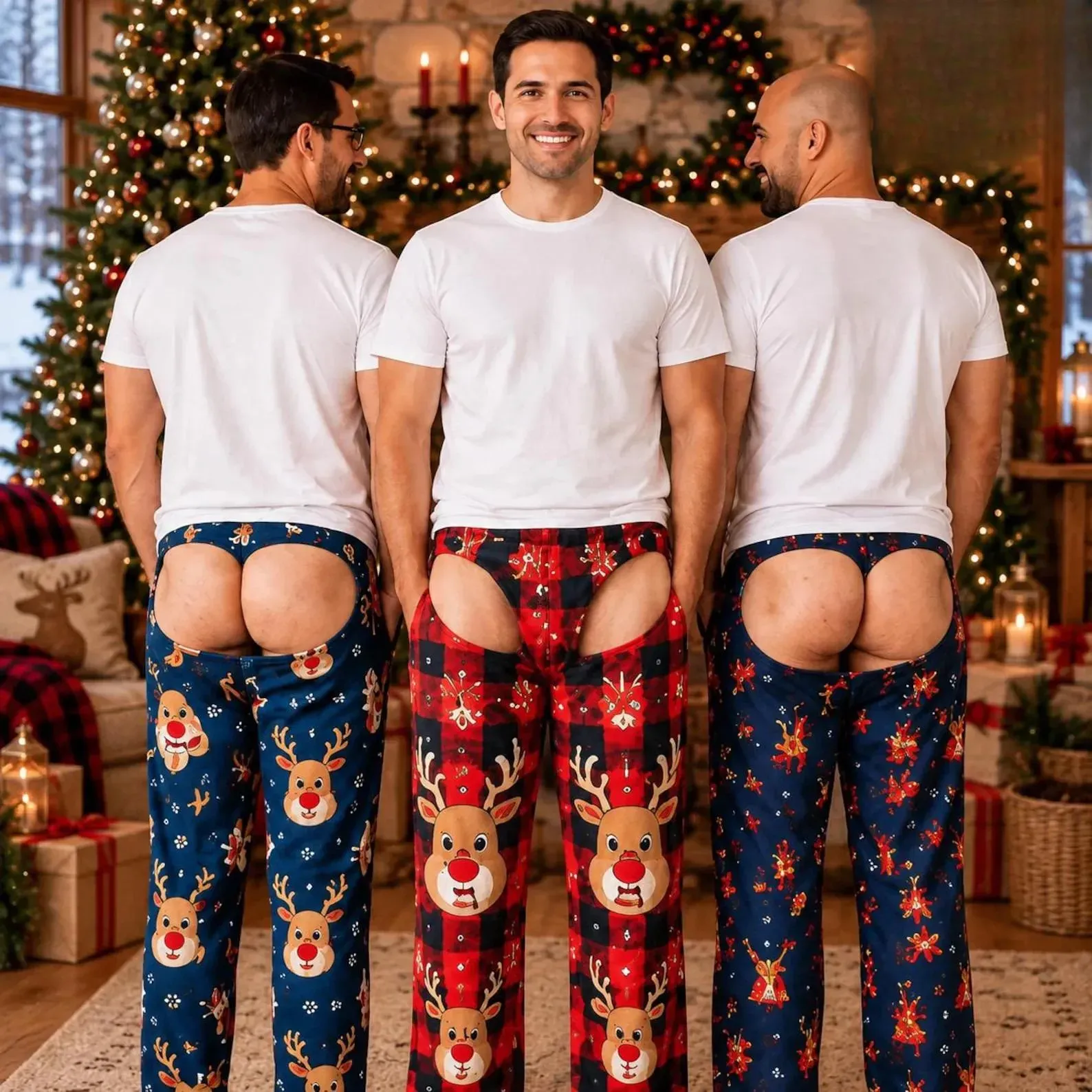 Personalized Funny Open Back Christmas Pajama Pants for Men, Custom Reindeer Satin Holiday Pyjamas, Silky Xmas Loungewear