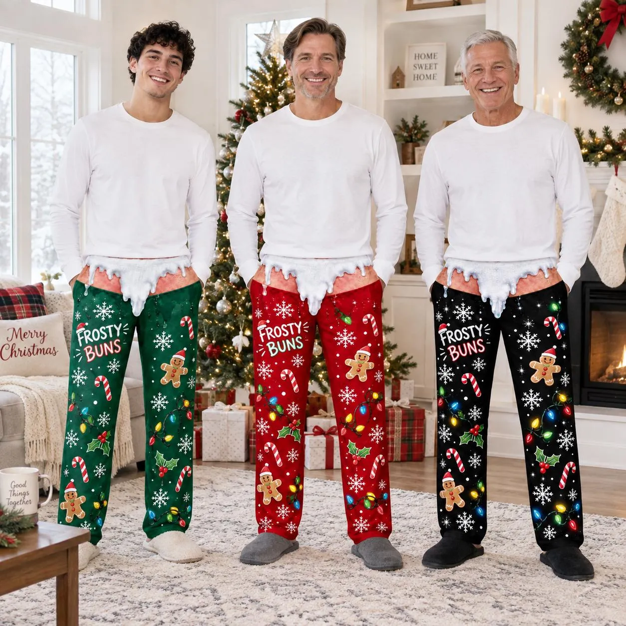 Frosty Buns Funny Christmas Pajama Pants, Men's Holiday PJs, Fake Bare Butt 3D Print, Novelty Winter Lounge Sleepwear