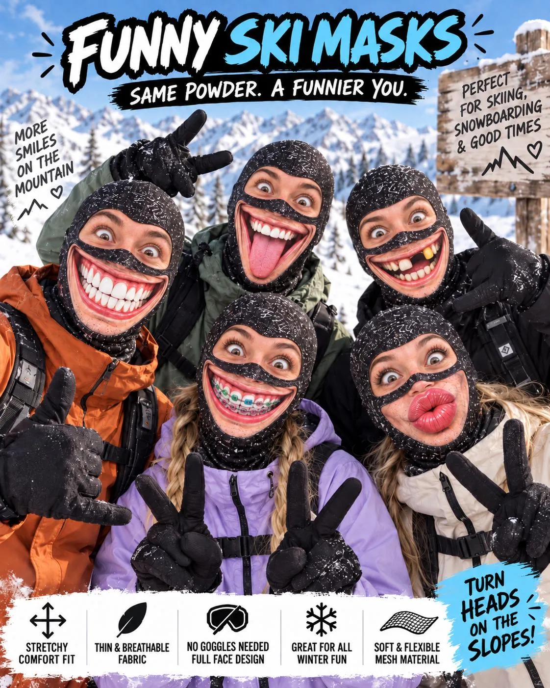 Funny Printed Balaclava Ski Mask, Eyes Cutout or Full Cover Face Mask, Gag Gift for Skiers, Snowboarders and Campers