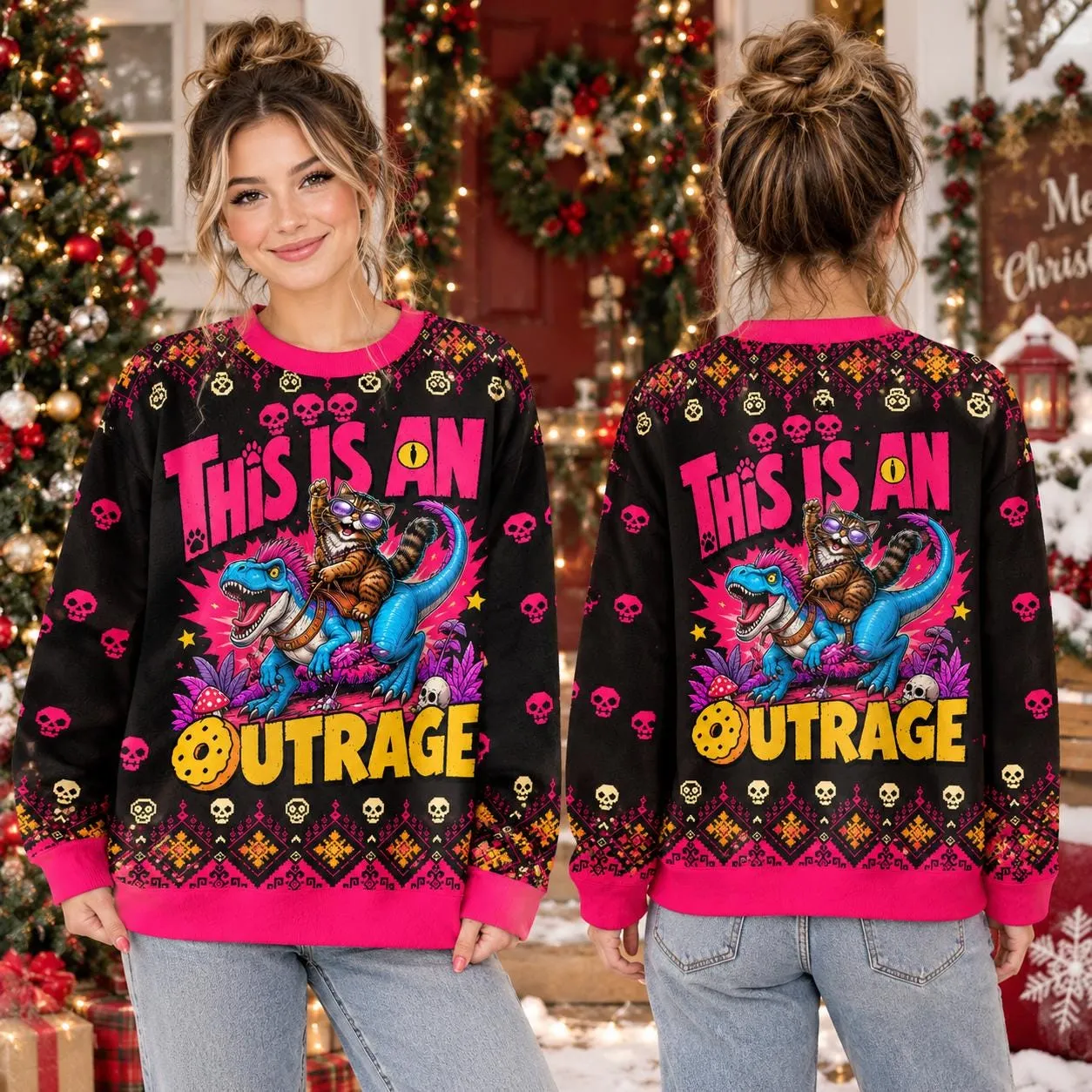 Dungeon Crawler Carl This Is An Outrage 3D Sweatshirt, Princess Donut and Mongo Ugly Christmas Sweater, LitRPG Fan Gift