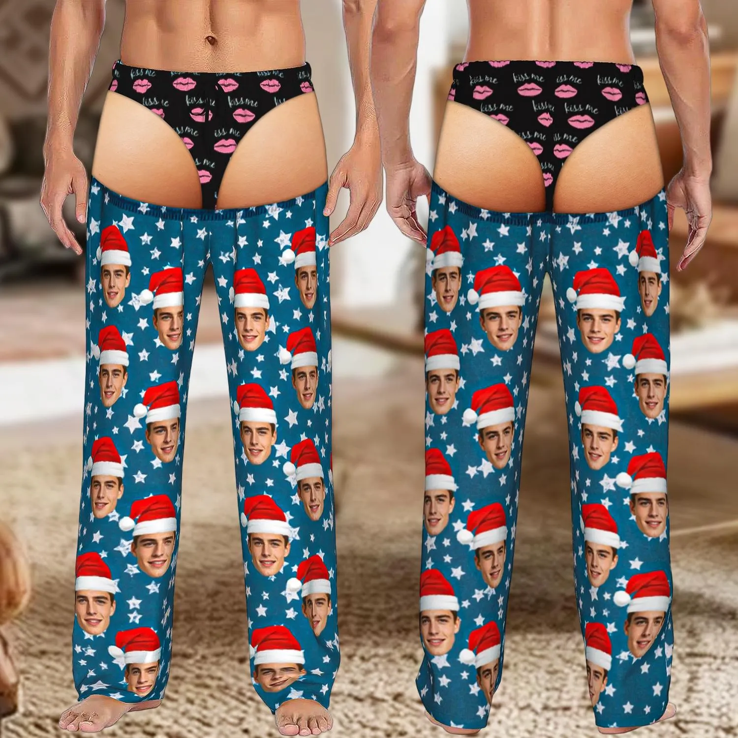Custom Face Photo Christmas Fake Butt Pajama Pants, Personalized Fake Underwear Sleepwear for Men and Women, Funny Gag Gift