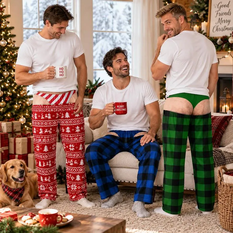 Personalized Funny Men's Christmas Pajama Pants, Fake Underwear Illusion Buffalo Plaid Bottoms, 3D All Over Print Christmas Gag Gift for Him