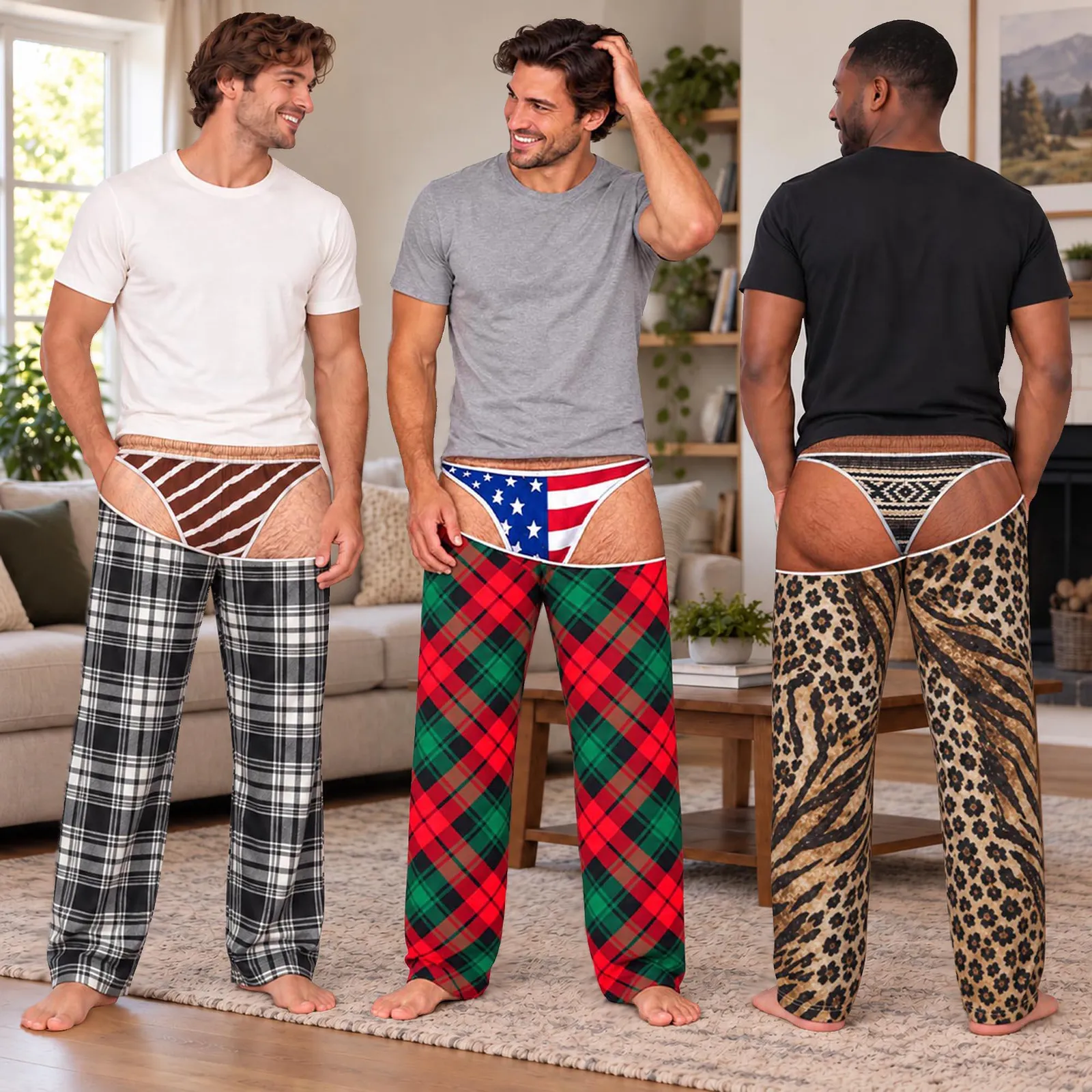 Custom Fake Thong Fake Butt Funny Pajama Pants, Personalized Ugly Christmas Lounge Pants, Novelty 3D Print Sleepwear, Christmas Gag Gift