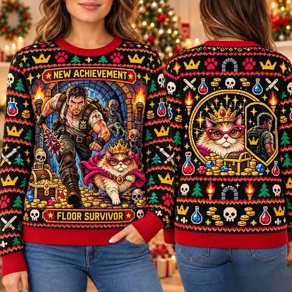 Dungeon Crawler Carl and Princess Donut Ugly Christmas Sweater, New Achievement Floor Survivor, Bookish Cozy Christmas Pullover Gift