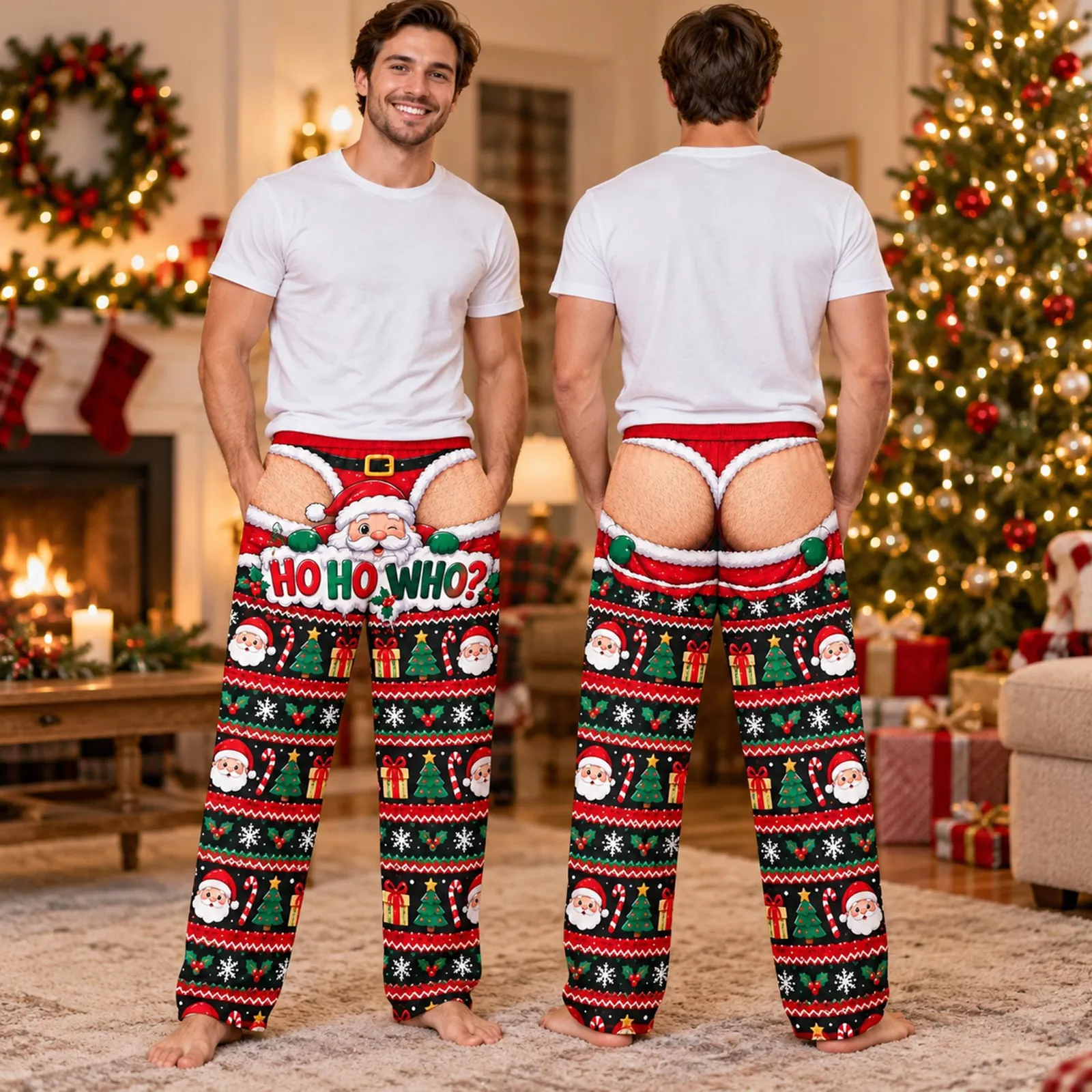 Men's Christmas Pajama Pants, Funny Santa Belt Illusion Print, Novelty Holiday Lounge Pants, 3D All Over Print Xmas Sleepwear