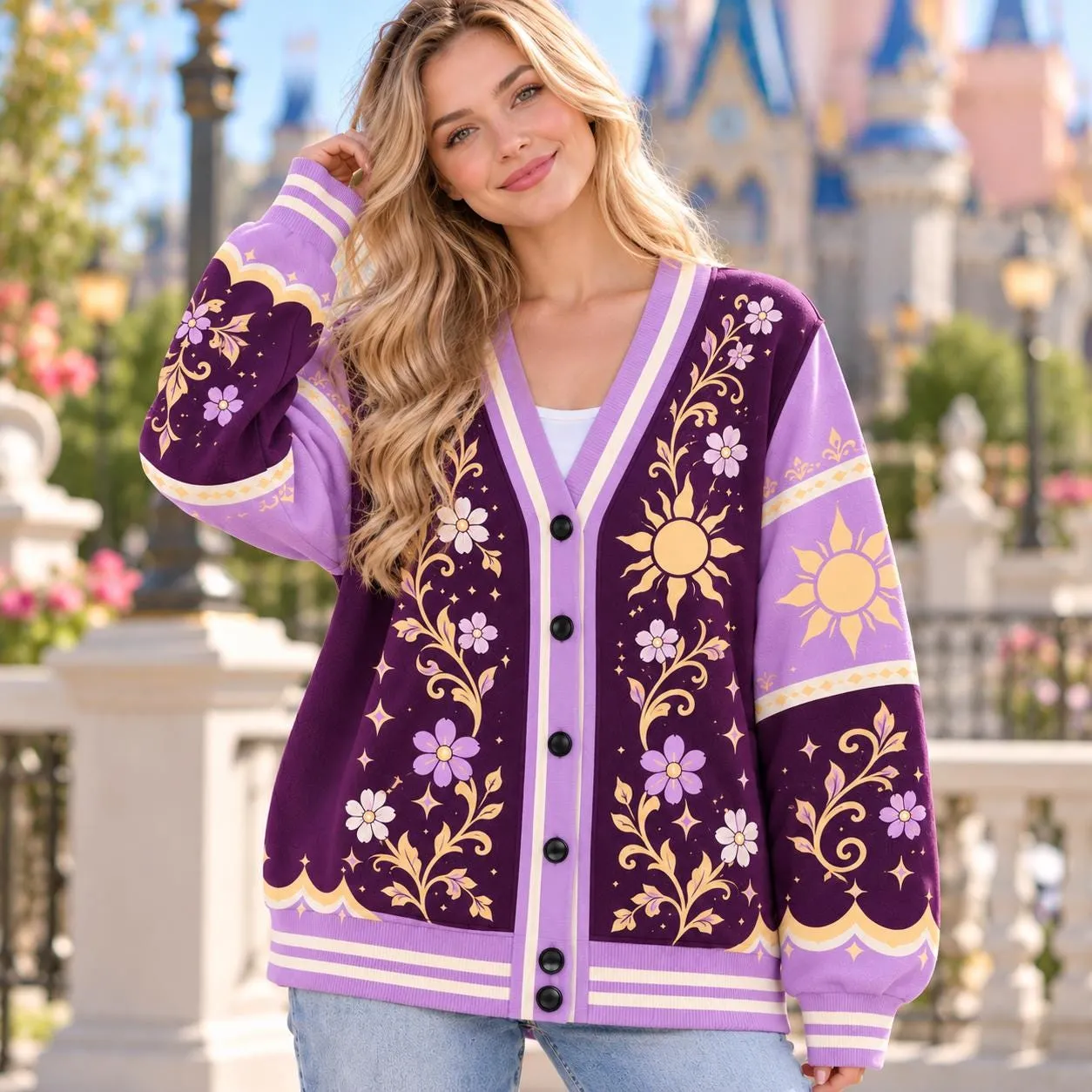 Princess Rapunzel Tangled Inspired Cardigan, Purple Floral Sun Knit Sweater, Women Knit Jacket, 3D All Over Print Fall Cardigan