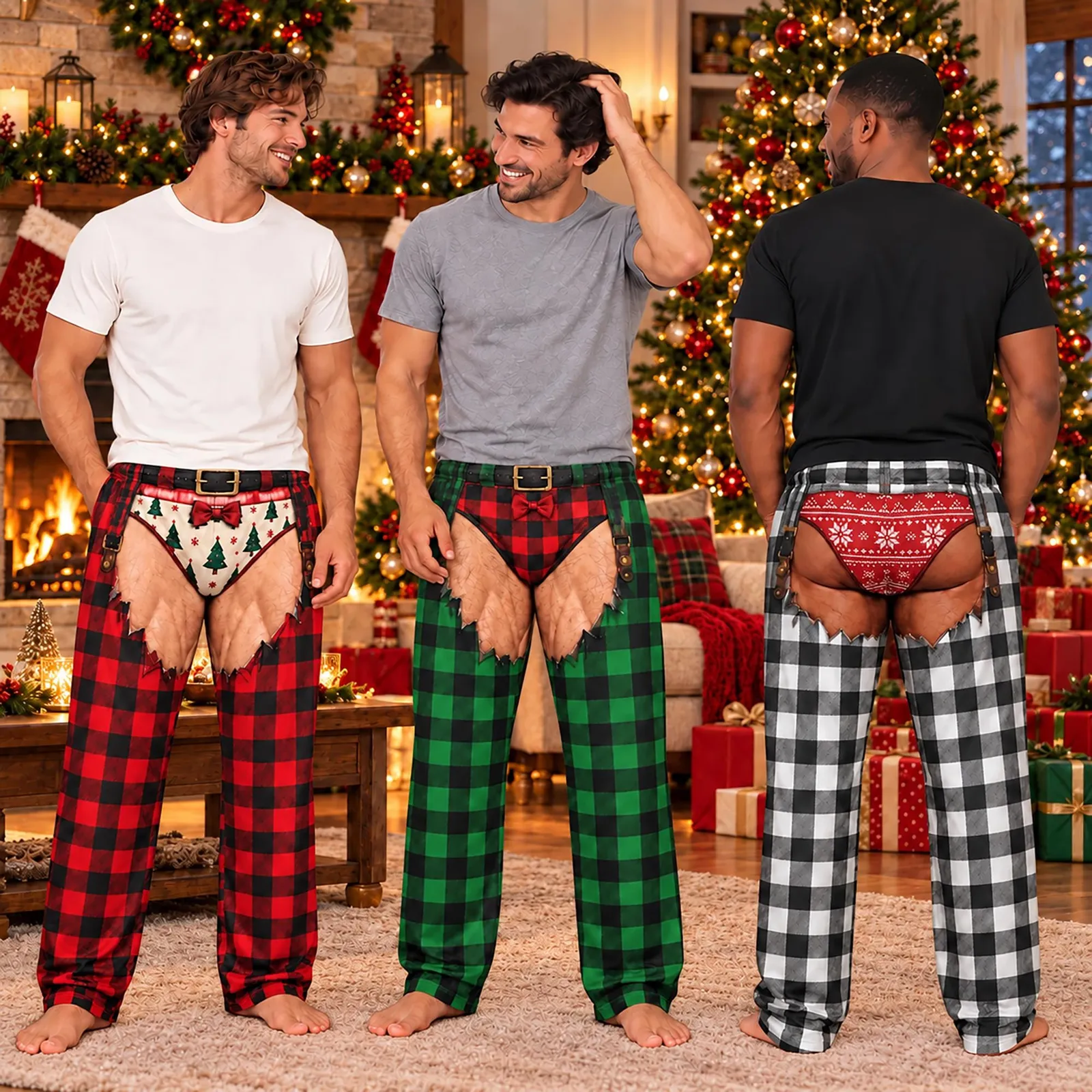 Personalized Fake Thong Fake Butt Funny Christmas Pajama Pants, Custom Ugly Christmas Lounge Pants, 3D Print Sleepwear, Christmas Gag Gift