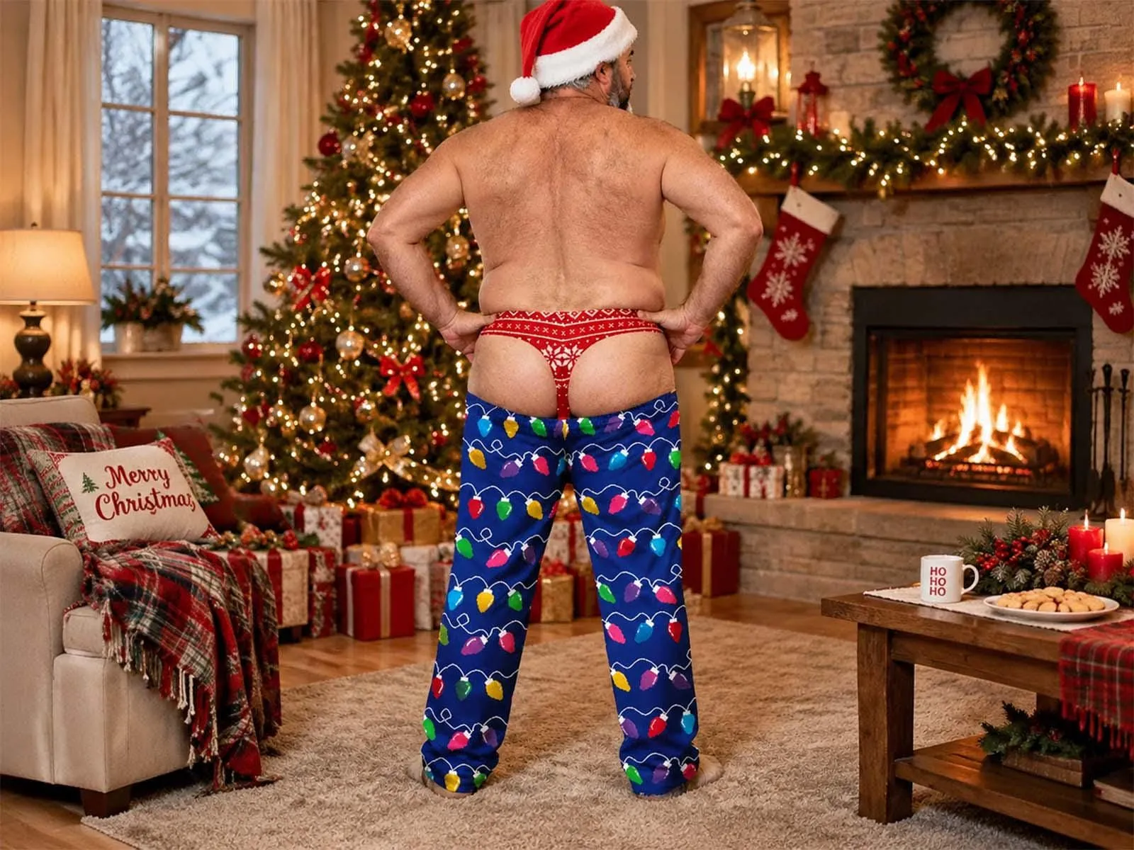Funny Prank Fake Butt and Underwear Pajama Pants, Cheeky Christmas Gag Gift for Men and Women, Plaid Bachelorette Party PJs