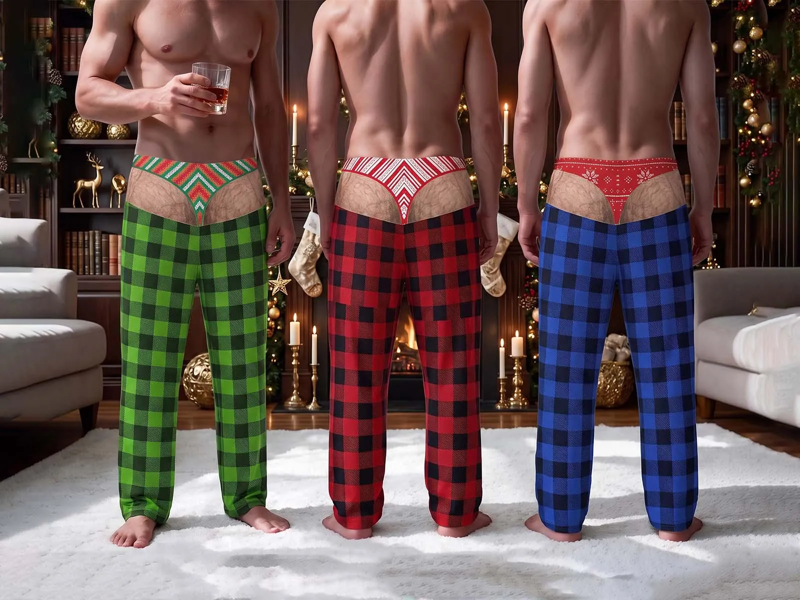Funny Prank Fake Butt and Underwear Pajama Pants, Cheeky Christmas Plaid PJs, Gag Pajamas for Men and Women, Bachelorette Party Gift