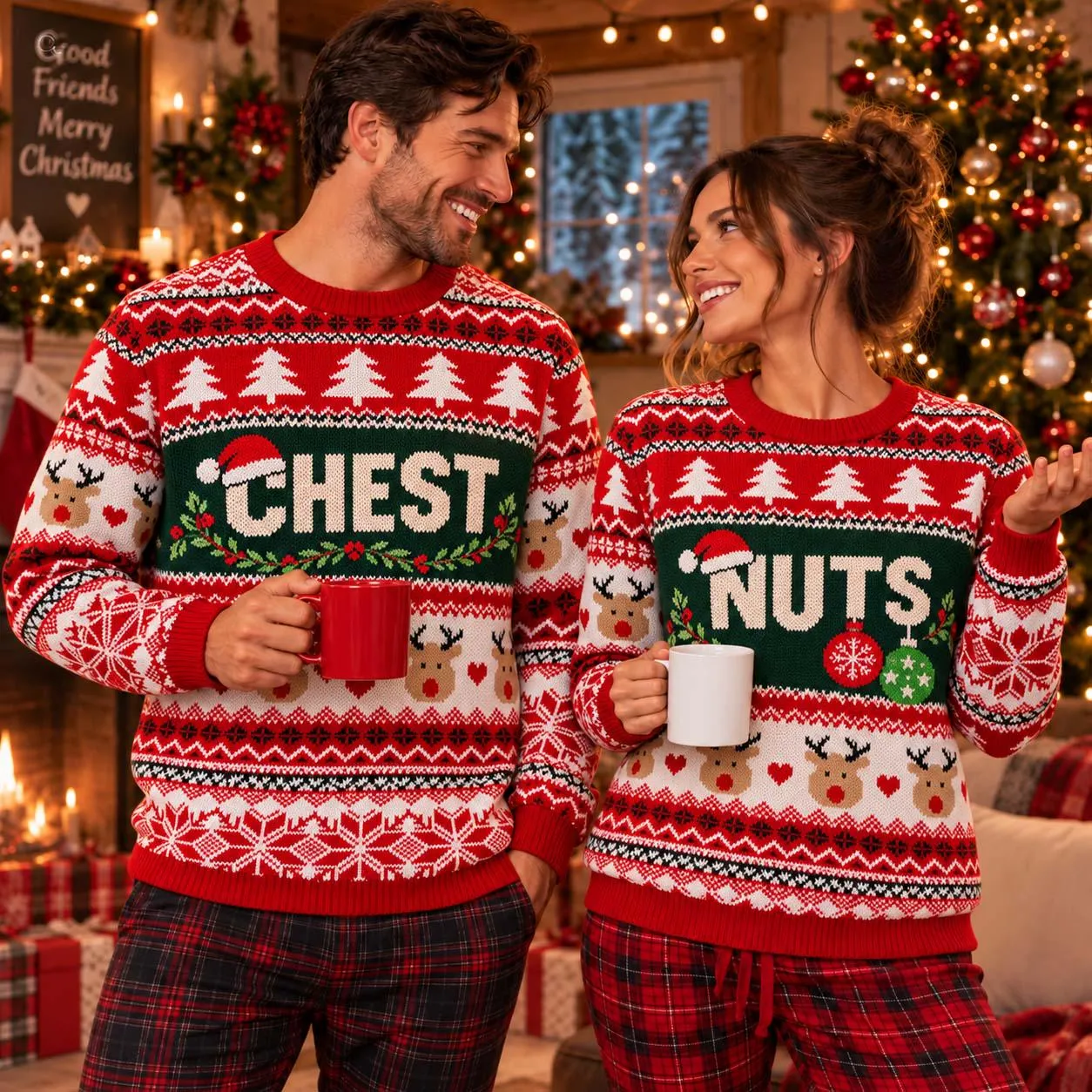 Chest Nuts Christmas Couple Ugly Sweater, Funny Matching His and Hers Xmas Sweaters, Tacky Holiday Party Outfit for Couples