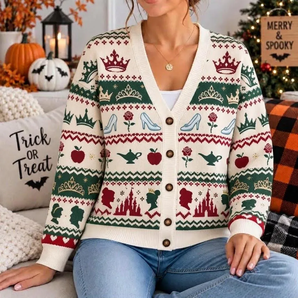 Disney Princess Cinderella Glass Slipper Castle Cardigan, Cream Holiday Fair Isle Knit Sweater, 3D All Over Print Button Up Top