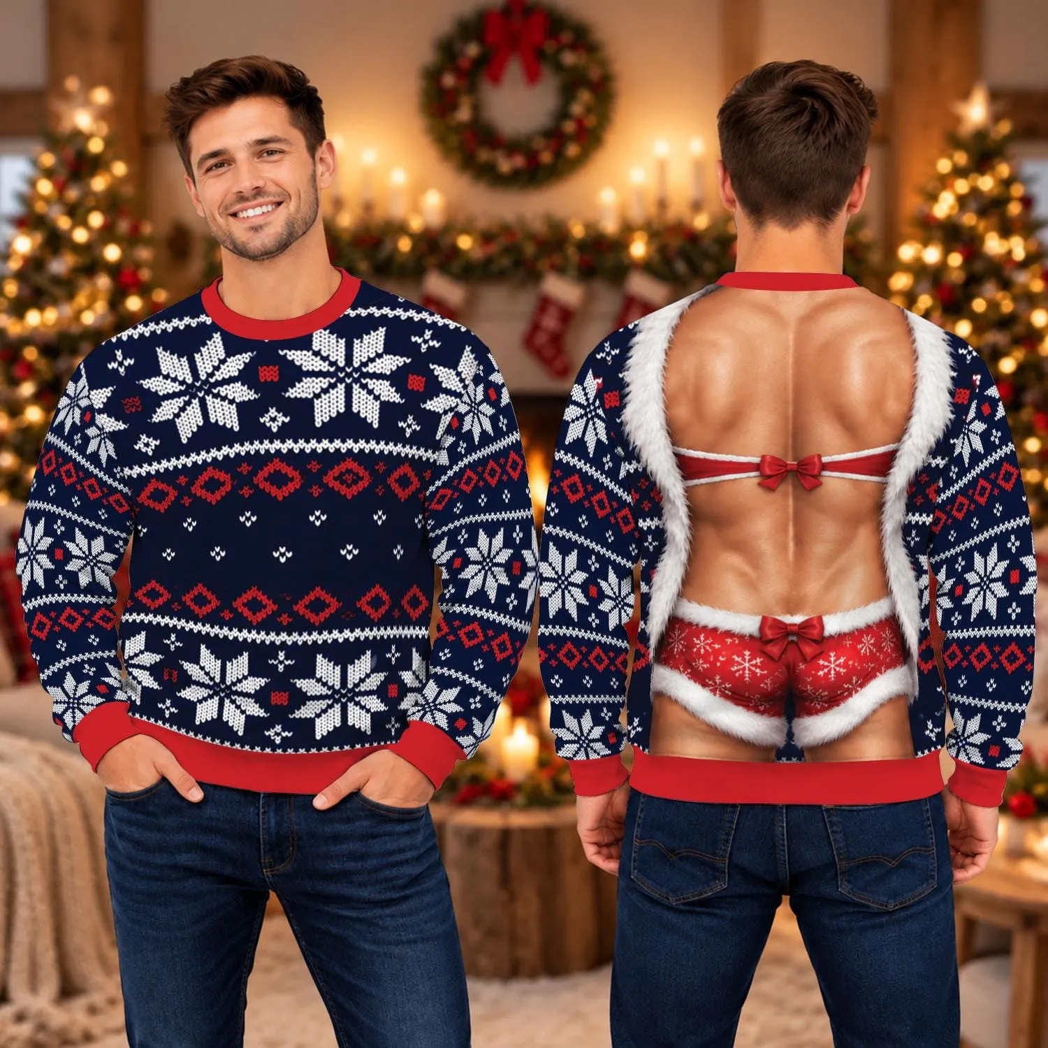 Fake Bare Back Santa Bikini Ugly Christmas Sweater, Funny Christmas Graphic Sweatshirt, 3D Fake Print Adult Humor Xmas Crewneck for Family