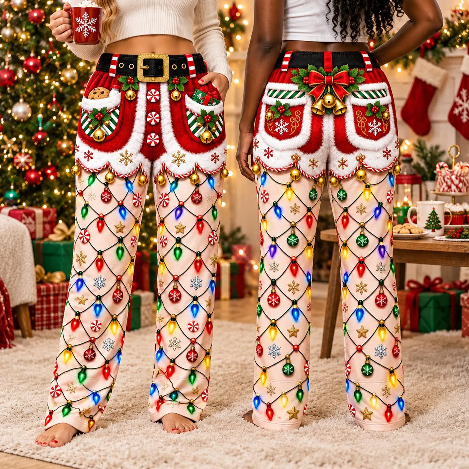 Funny Christmas Pajama Pants, Santa Suit Illusion Print, Holiday String Lights Lounge Pants, 3D All Over Print Xmas Sleepwear