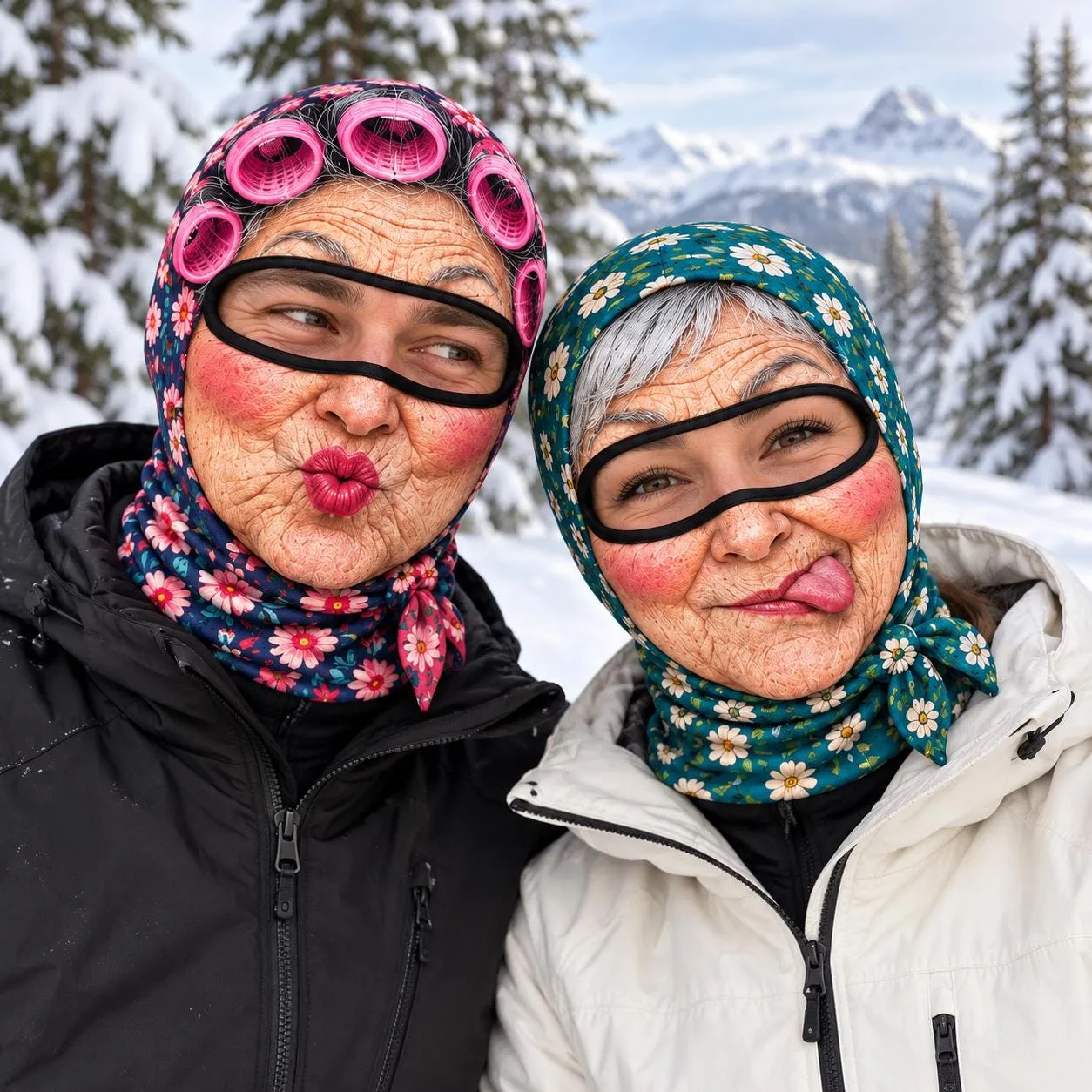 Funny Grandma Balaclava Ski Mask, Meme Face Winter Mask, Granny Face with Hair Curlers, Novelty Snowboard and Skiing Gag Gift