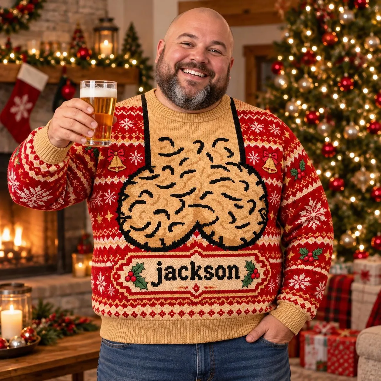 Personalized Funny Beard Ugly Christmas Sweater with Custom Name, Mens Xmas Sweater, Custom Christmas Sweater for Dad and Husband