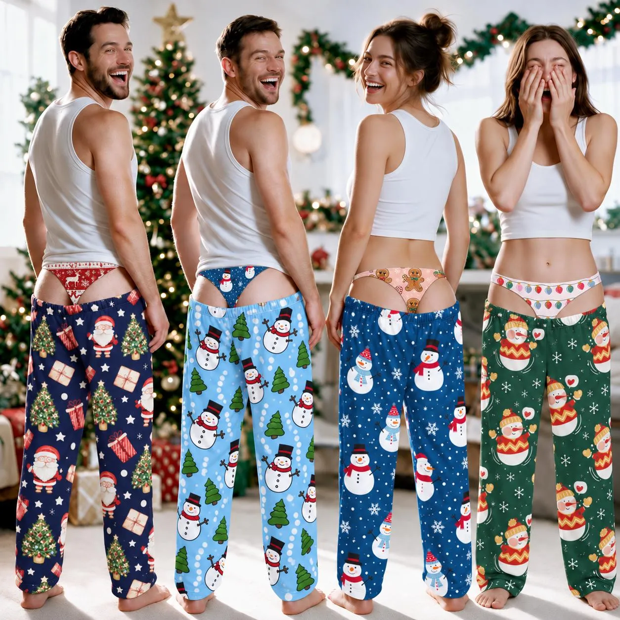 Funny Fake Butt Pajama Pants, Custom Plaid Underwear Prank PJs, Personalized Christmas Sleepwear for Him and Her, Xmas Gag Pants