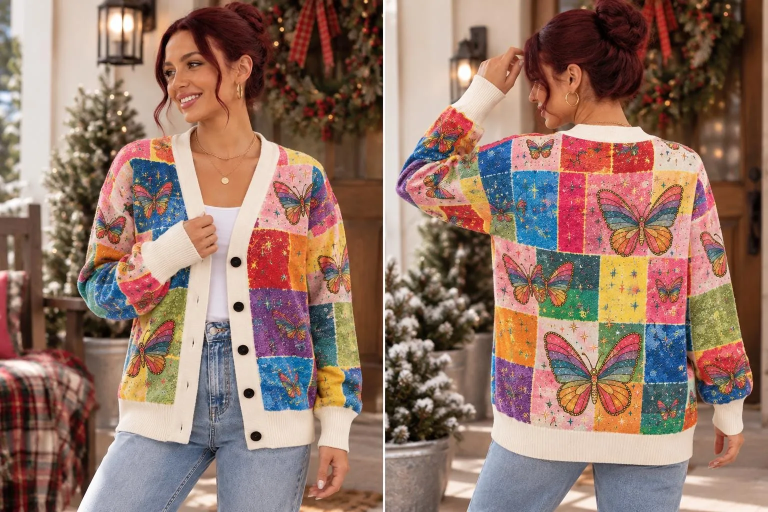 Coat of Many Colors Cardigan, Butterfly Patchwork Print Sweater, Retro Western Country Music Knit Cardigan, 3D All Over Print