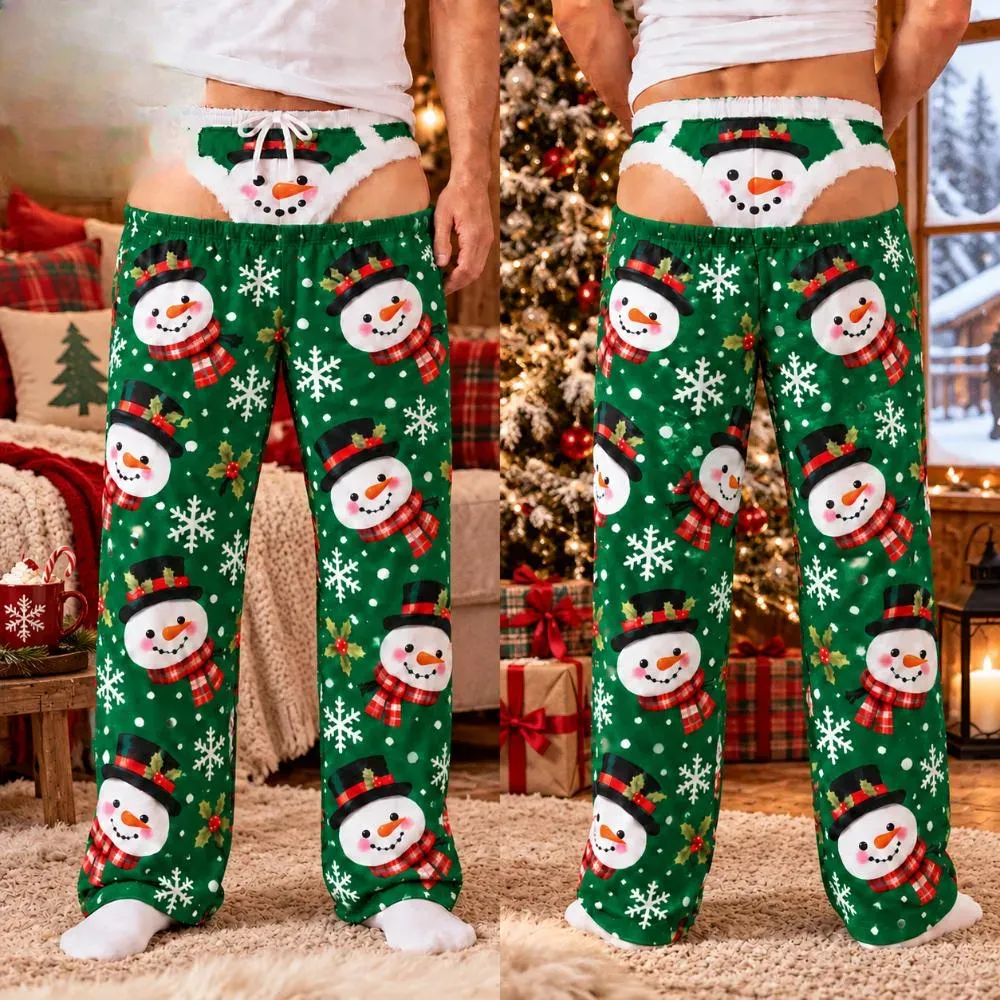 Custom Funny Christmas Pajama Pants, Faux Bare Butt Snowman Print, Personalized Holiday Lounge Pants, Group Matching Pants