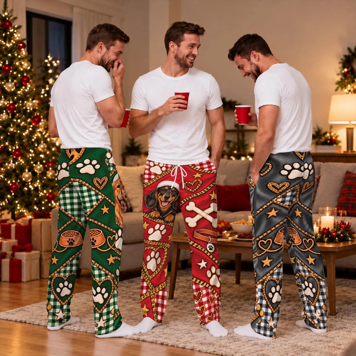 Custom Dog Photo Funny Christmas Pajama Pants, 3D Faux Print Paw Pattern, Xmas Loose Fit Sleepwear, Cheeky Christmas Pet Lover PJs