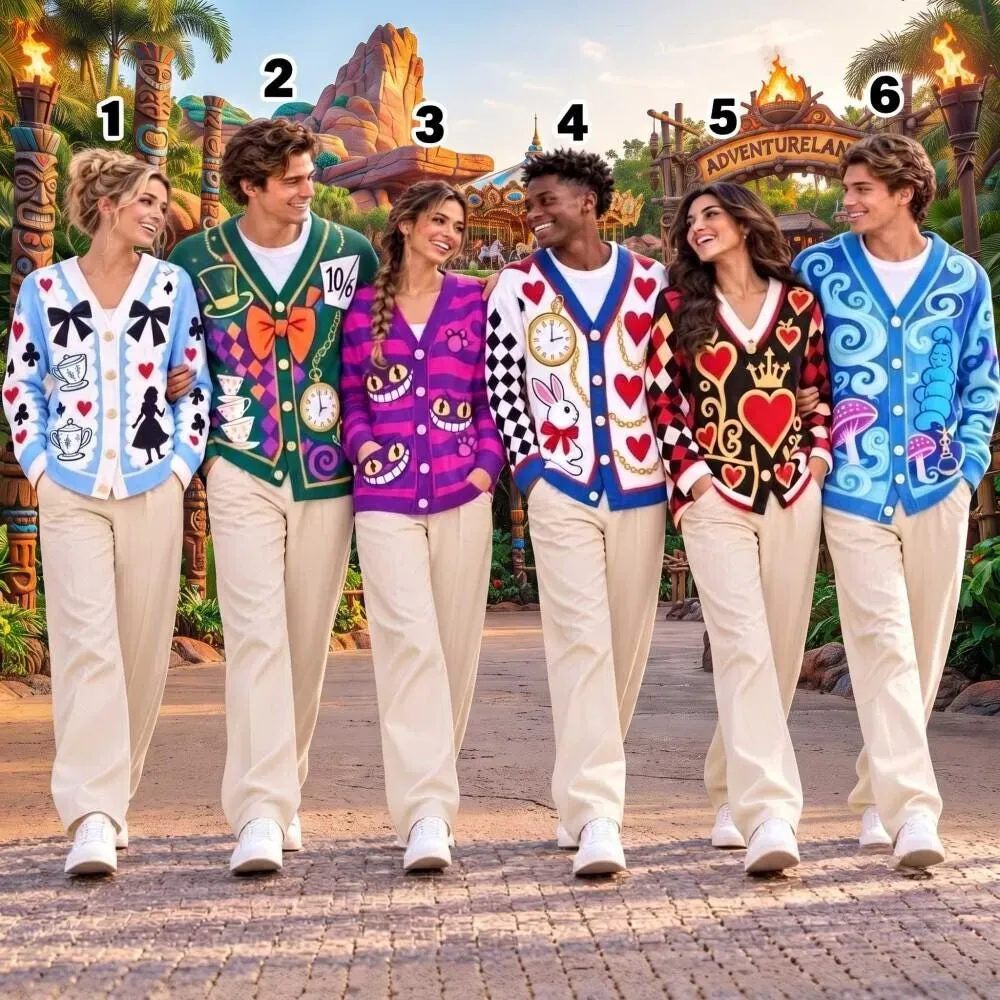 Alice in Wonderland Cardigan, Halloween Costume Sweater, Magic Kingdom Vacation Outfit, Wonderland Group Theme Park Cardigan