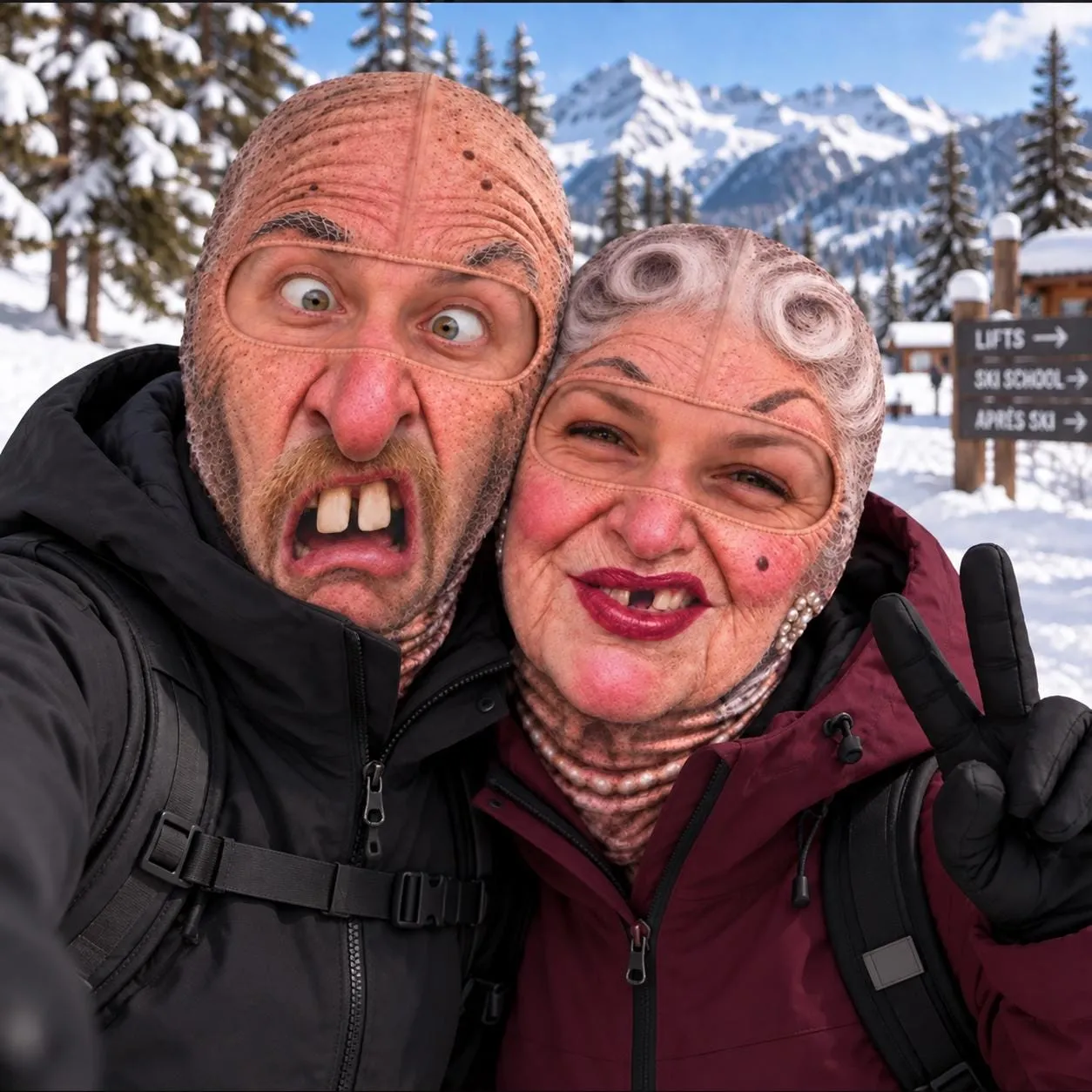 Funny Grandma Grandpa Ski Mask, Old Couple Face Balaclava, Couples Ski Trip Novelty Face Cover, Snowboard Christmas Gag Gift