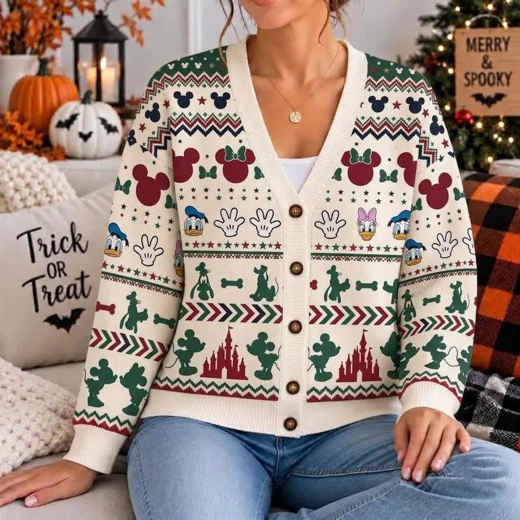Disney Mickey and Friends Christmas Cardigan Sweater, Donald Goofy Castle Fair Isle Holiday Knit Button Up, Winter Jumper