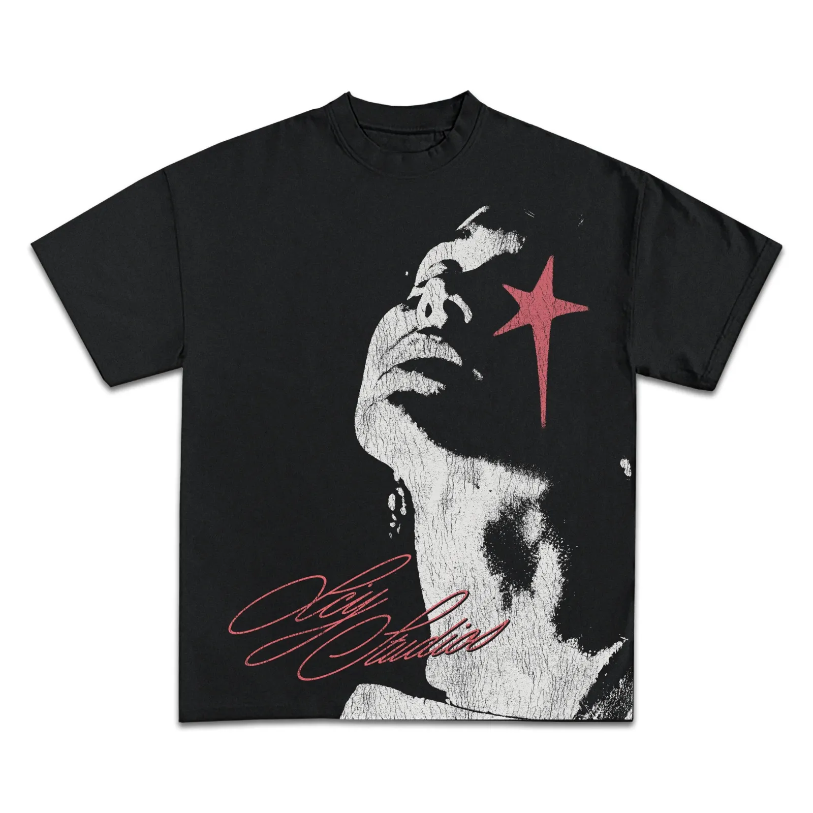 Hindsight Graphic T-Shirt Hoodie Sweatshirt, Red Star Over Face Script Lettering, Dark Moody Vintage Streetwear Tee