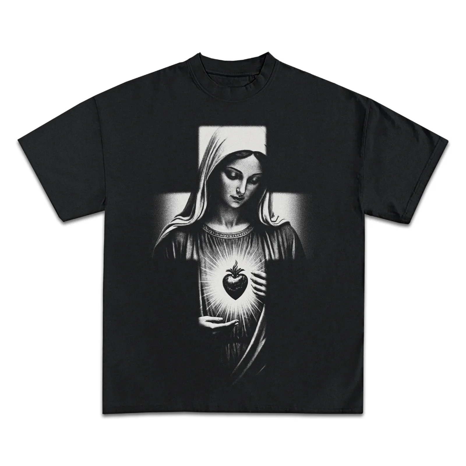 Heart of Mary Graphic T-Shirt, Hoodie, Sweatshirt, Sacred Heart Virgin Mary Cross Faith Streetwear Black White
