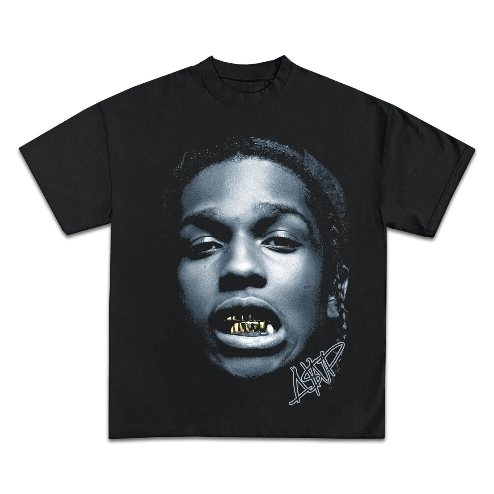 ASAP Rocky Face Graphic T-Shirt, Gold Grillz Rapper Tee, Hoodie and Sweatshirt, Oversized Hip Hop Streetwear Shirt