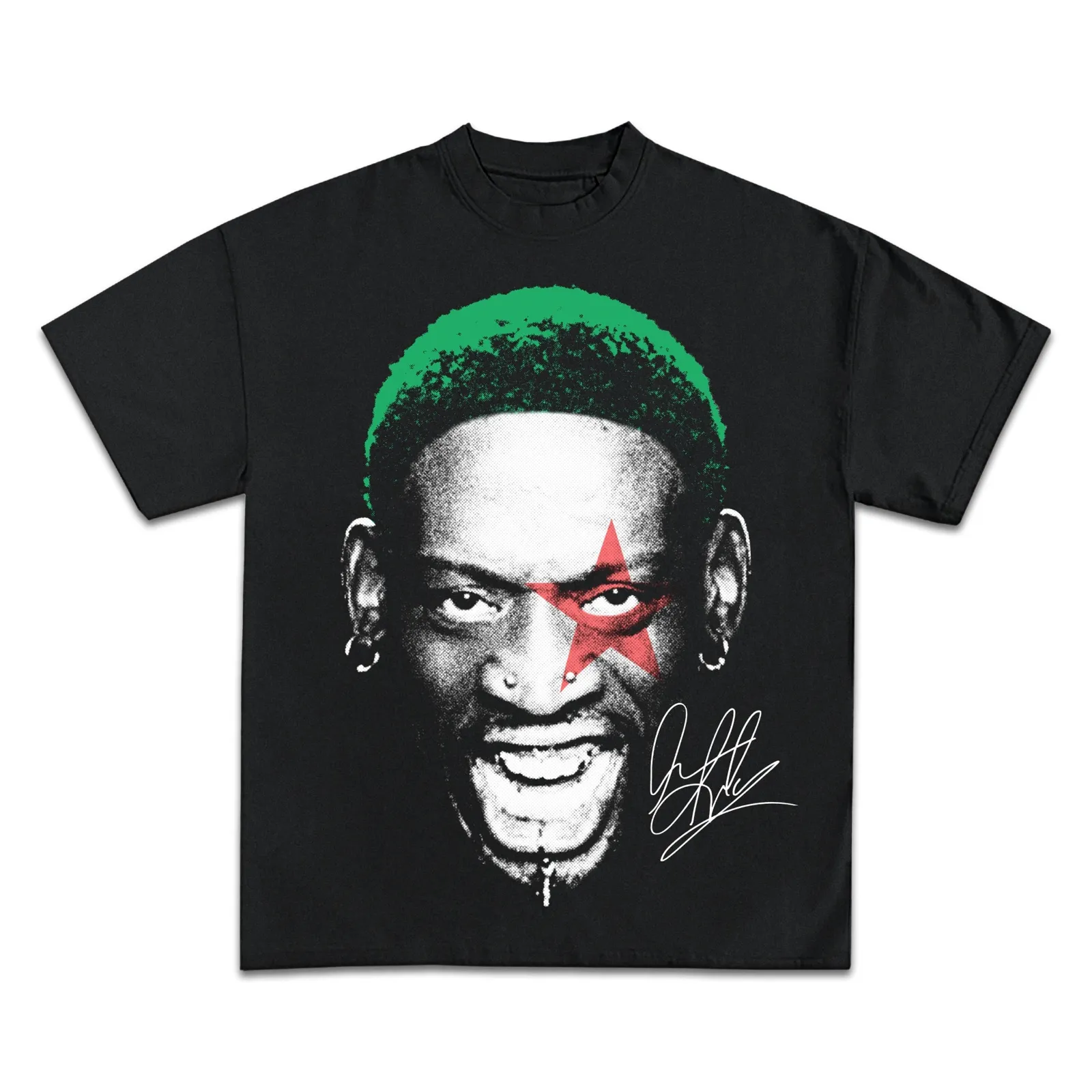 Dennis Rodman Graphic Tee, Hoodie, Sweatshirt, Basketball Green Hair Red Star Portrait Streetwear Oversized Tee