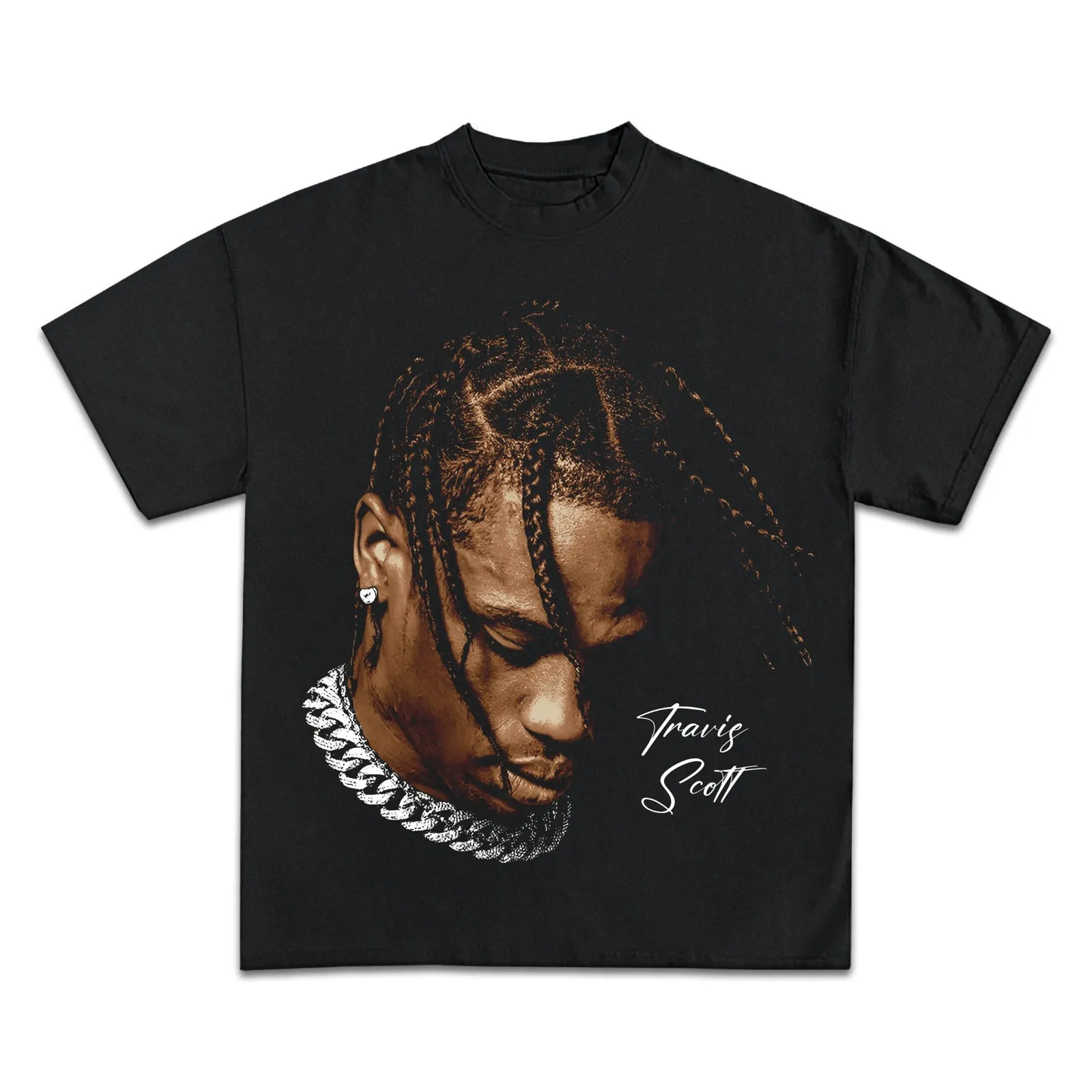 Travis Scott Graphic T-Shirt, Hoodie and Sweatshirt, Braids and Cuban Chain Portrait, Hip Hop Rap Streetwear Tee