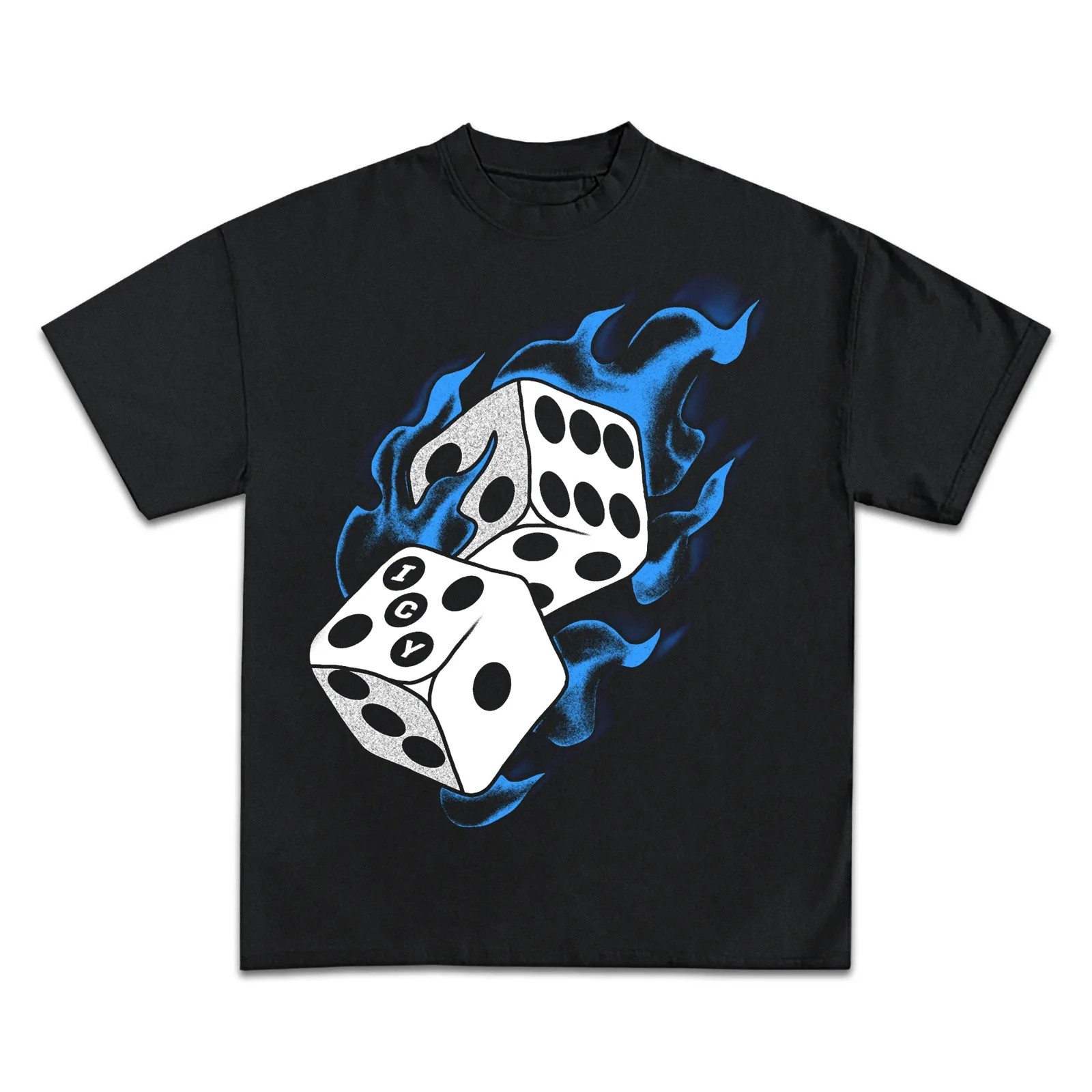 Flaming Dice Graphic T-Shirt, Blue Flames And White Dice Streetwear Tee, Hoodie, Sweatshirt, Oversized Gambling Luck Style