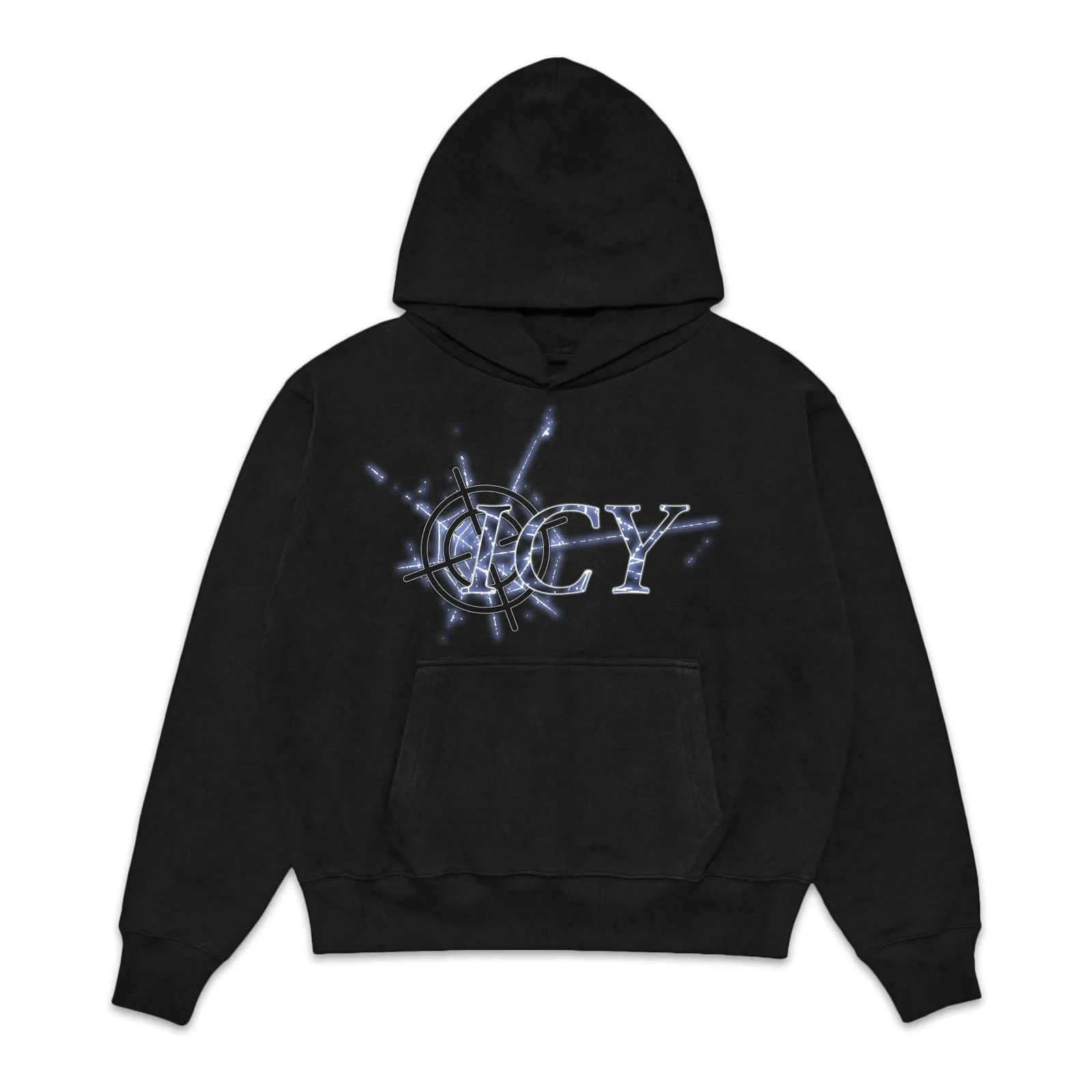 Chrome Crosshair Lettering Graphic Hoodie, Metallic Lightning Logo Streetwear Pullover, Tee, Sweatshirt Y2K Style Oversized