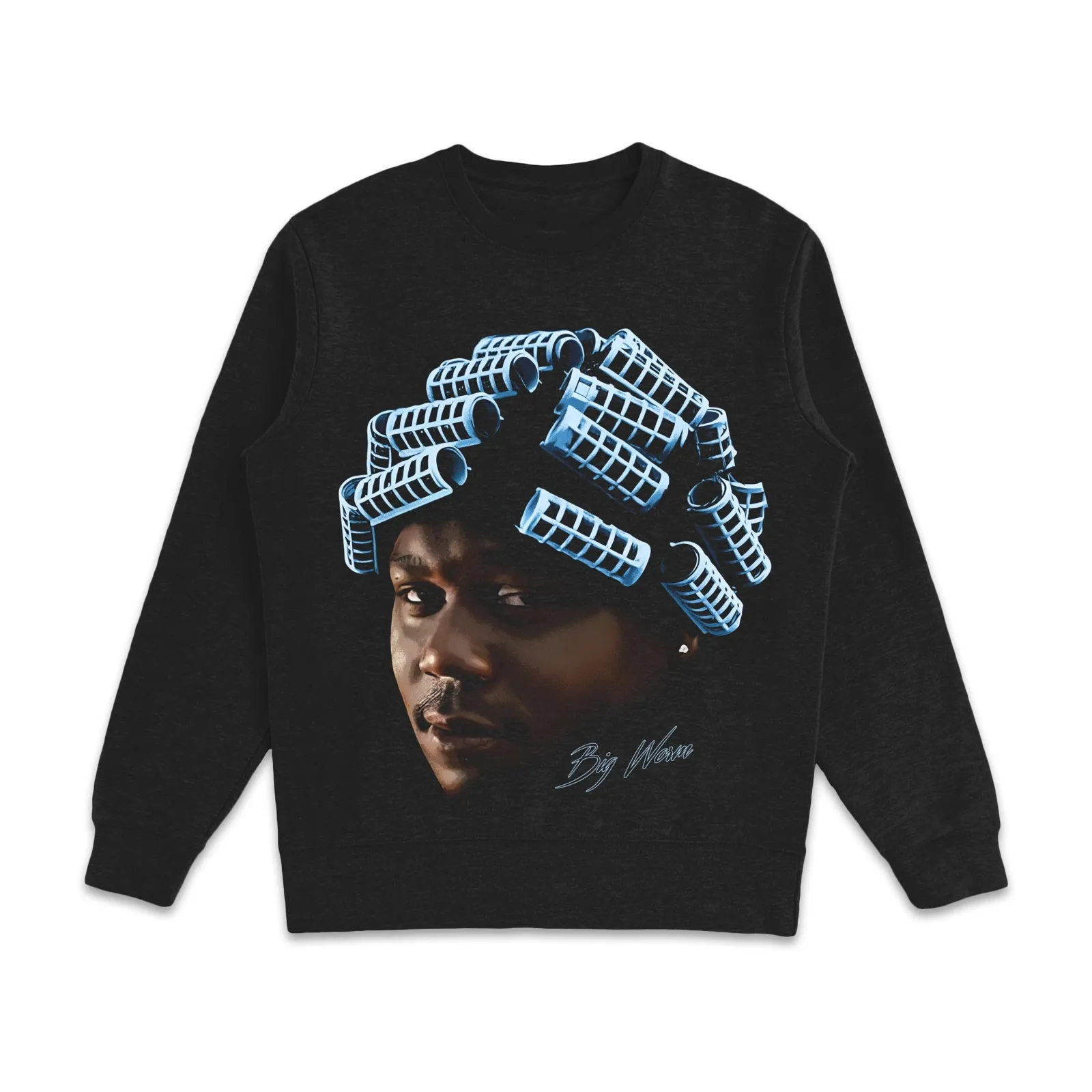 Big Worm Graphic Crewneck Sweatshirt, Blue Hair Rollers Portrait Hip Hop Streetwear, Tee, Hoodie Oversized Style