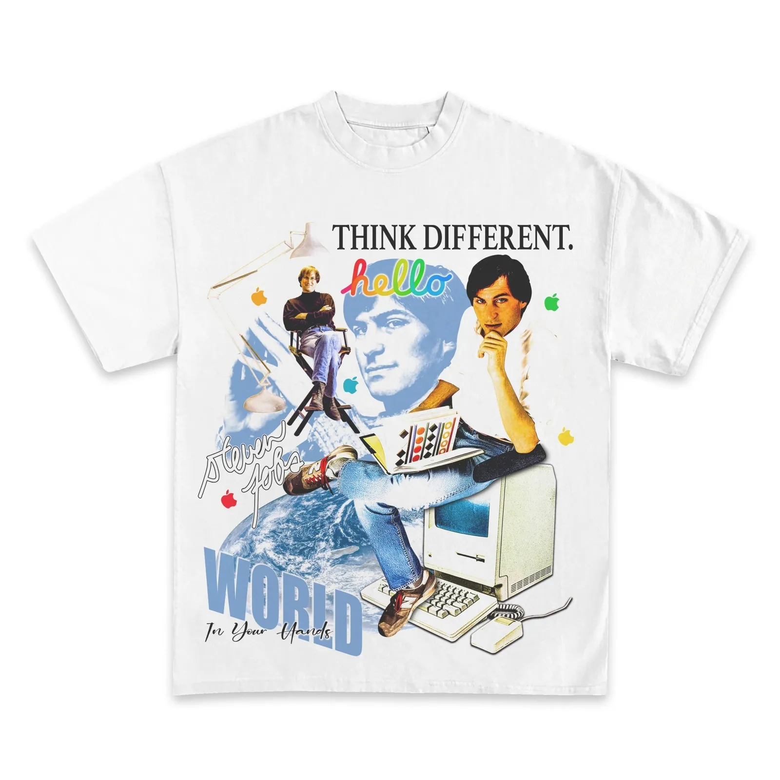 Steve Jobs Graphic T-Shirt, Hoodie, Sweatshirt, Think Different Hello Apple Retro Collage Tech Icon Streetwear