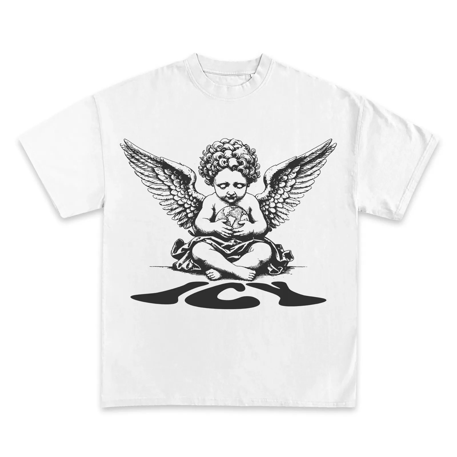 Guardian Angel Graphic T-Shirt, Hoodie, Sweatshirt, Cherub Holding Globe, Black And White Streetwear Faith Oversized Tee