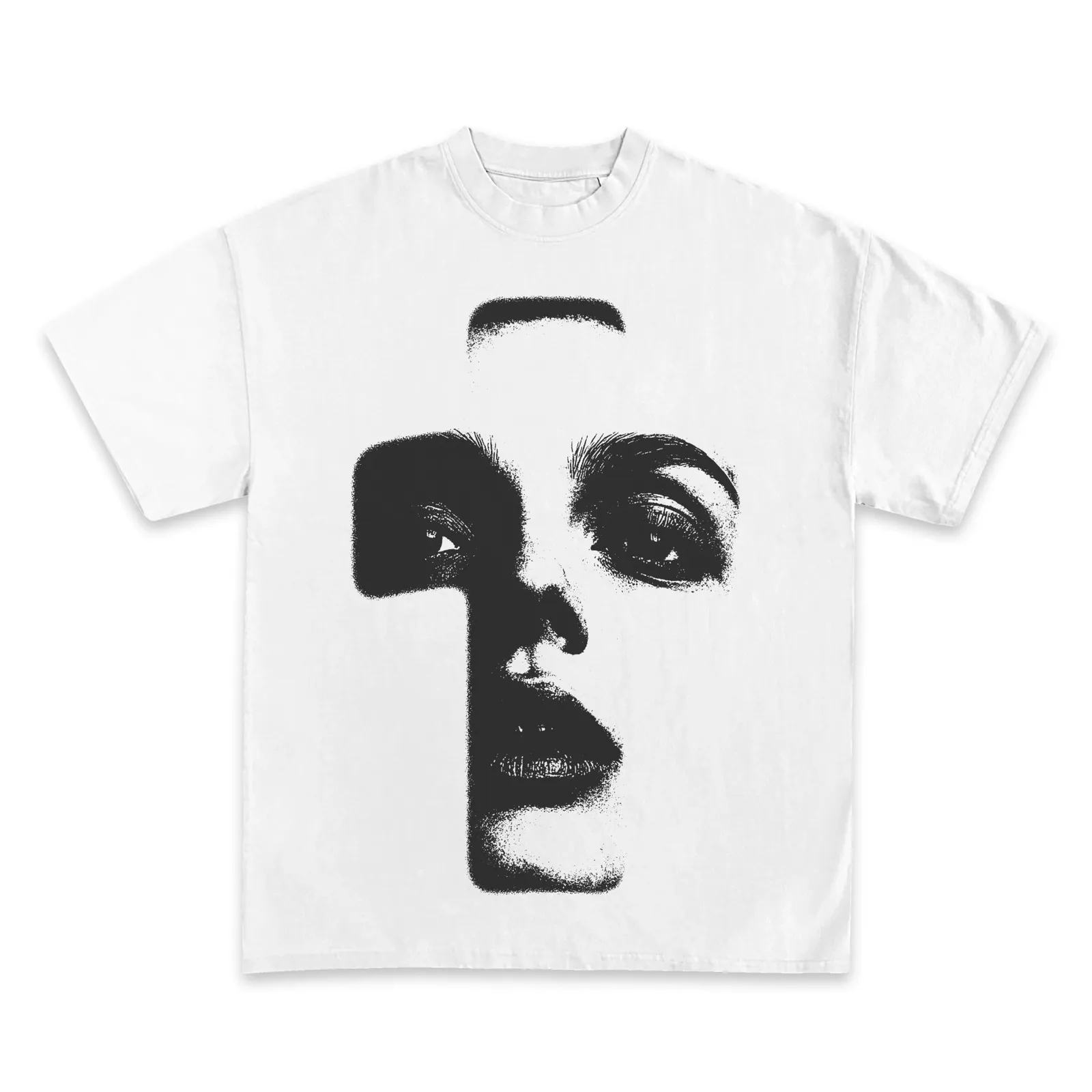 Cross Face Graphic T-Shirt, Hoodie, Sweatshirt, Black And White Female Portrait Cross Shape, Faith Streetwear Oversized Tee